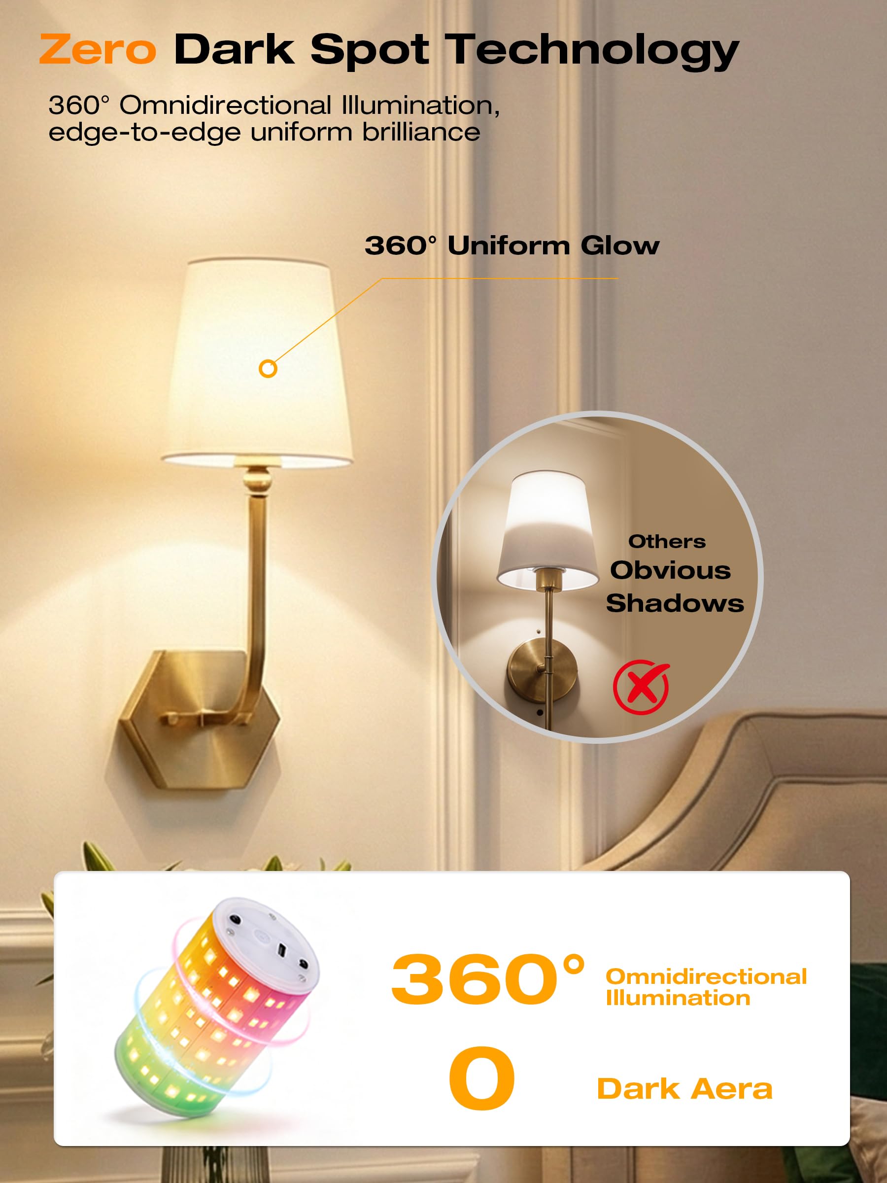 CLOUDY BAY 10000mAh Battery Operated Wall Sconces,Up to 100 Hours with Rechargeable RGB Dimmable Magnetic Bulb,Cordless Wall Lighting Fixtures with Remote for Bedroom,Soft Gold,2 Pack-17.9inch - Image 3