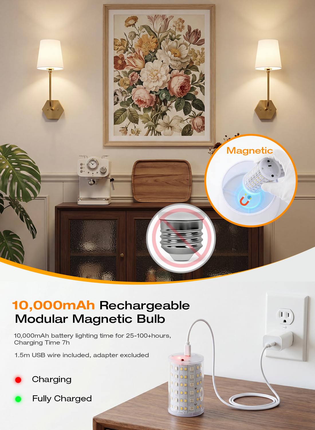 CLOUDY BAY 10000mAh Battery Operated Wall Sconces,Up to 100 Hours with Rechargeable RGB Dimmable Magnetic Bulb,Cordless Wall Lighting Fixtures with Remote for Bedroom,Soft Gold,2 Pack-17.9inch - Image 4