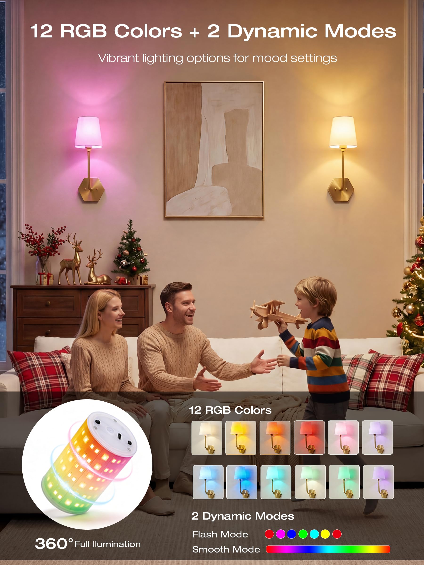 CLOUDY BAY 10000mAh Battery Operated Wall Sconces,Up to 100 Hours with Rechargeable RGB Dimmable Magnetic Bulb,Cordless Wall Lighting Fixtures with Remote for Bedroom,Soft Gold,2 Pack-17.9inch - Image 6