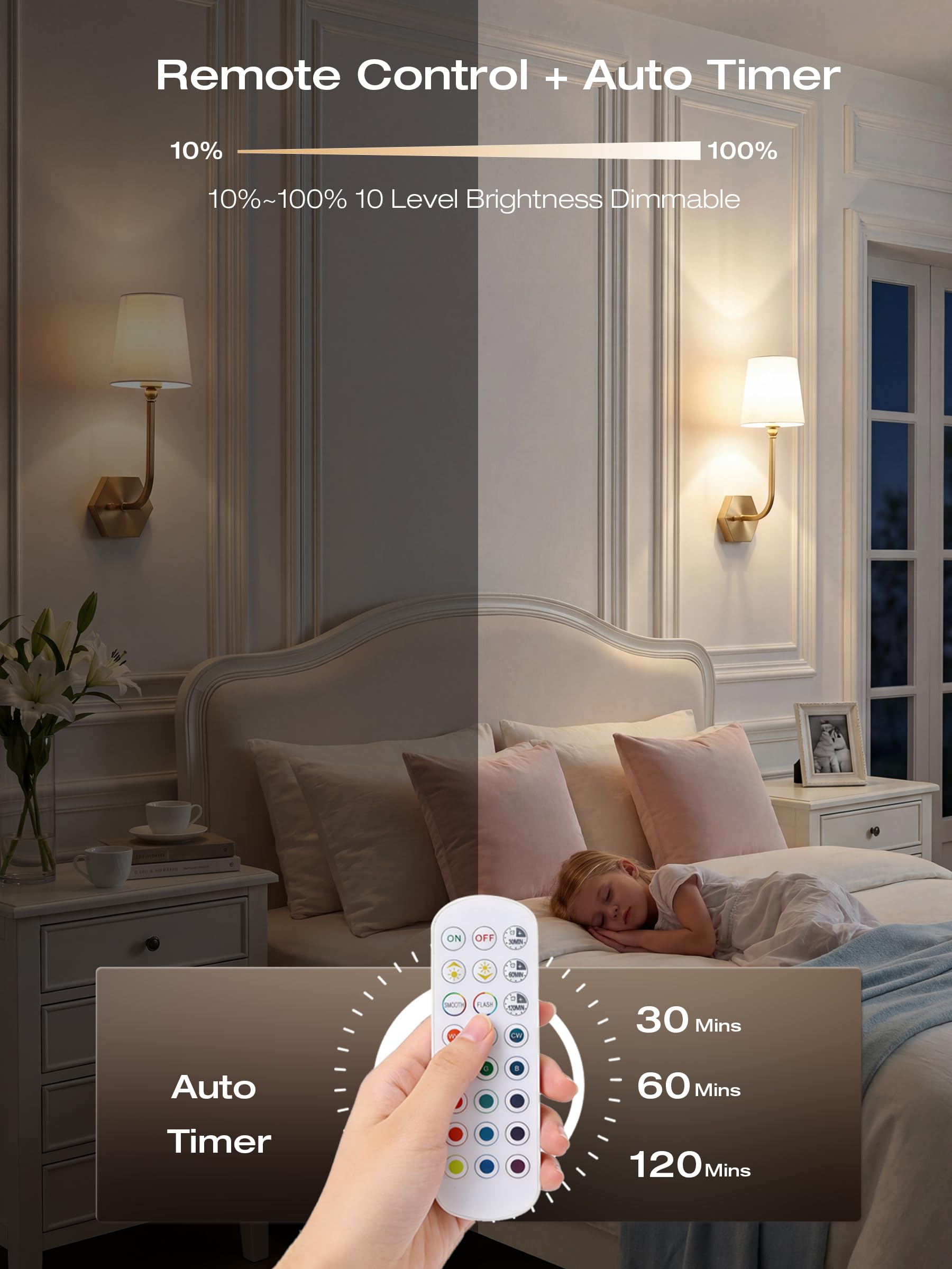 CLOUDY BAY 10000mAh Battery Operated Wall Sconces,Up to 100 Hours with Rechargeable RGB Dimmable Magnetic Bulb,Cordless Wall Lighting Fixtures with Remote for Bedroom,Soft Gold,2 Pack-17.9inch - Image 7