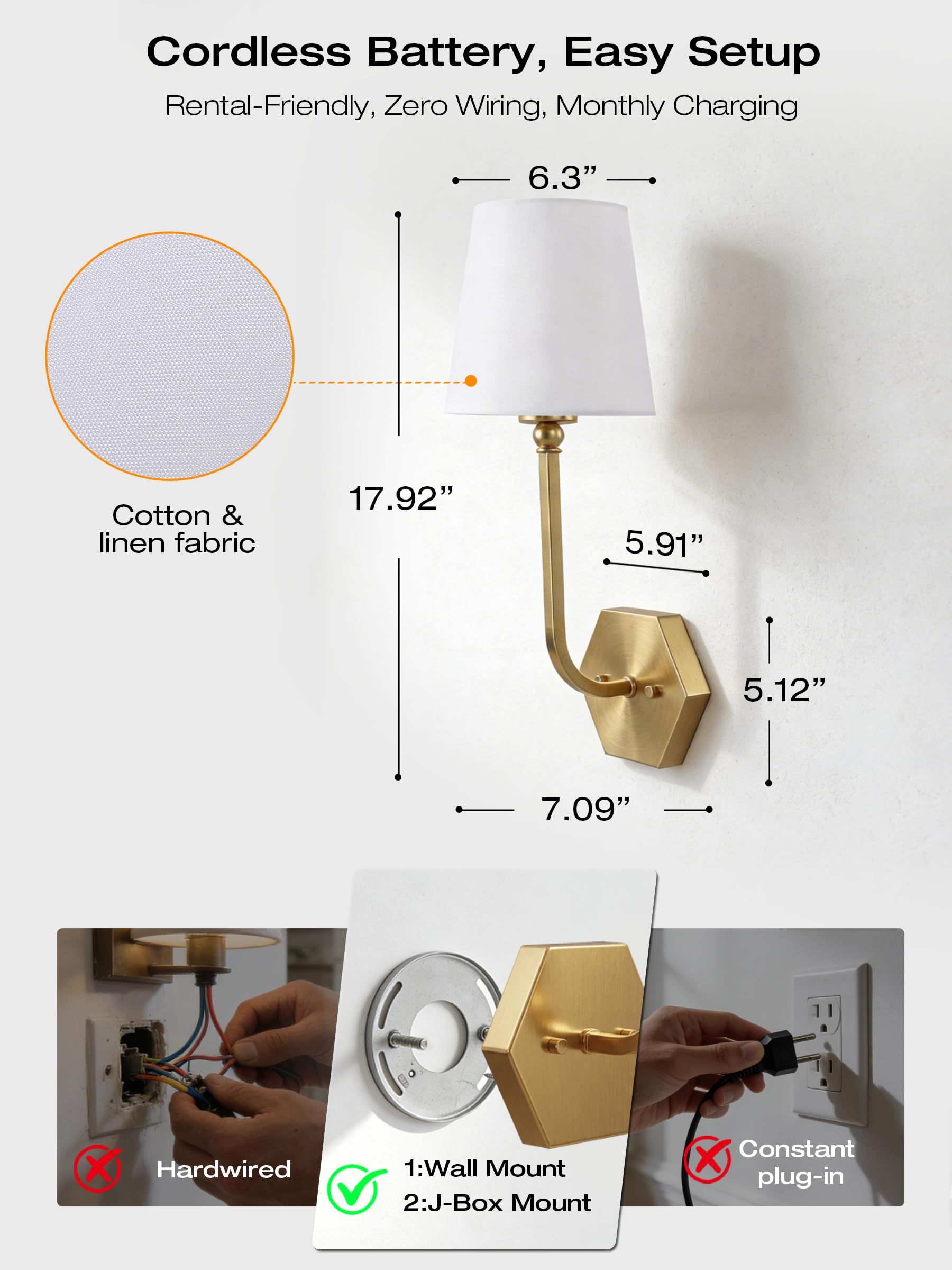 CLOUDY BAY 10000mAh Battery Operated Wall Sconces,Up to 100 Hours with Rechargeable RGB Dimmable Magnetic Bulb,Cordless Wall Lighting Fixtures with Remote for Bedroom,Soft Gold,2 Pack-17.9inch - Image 8