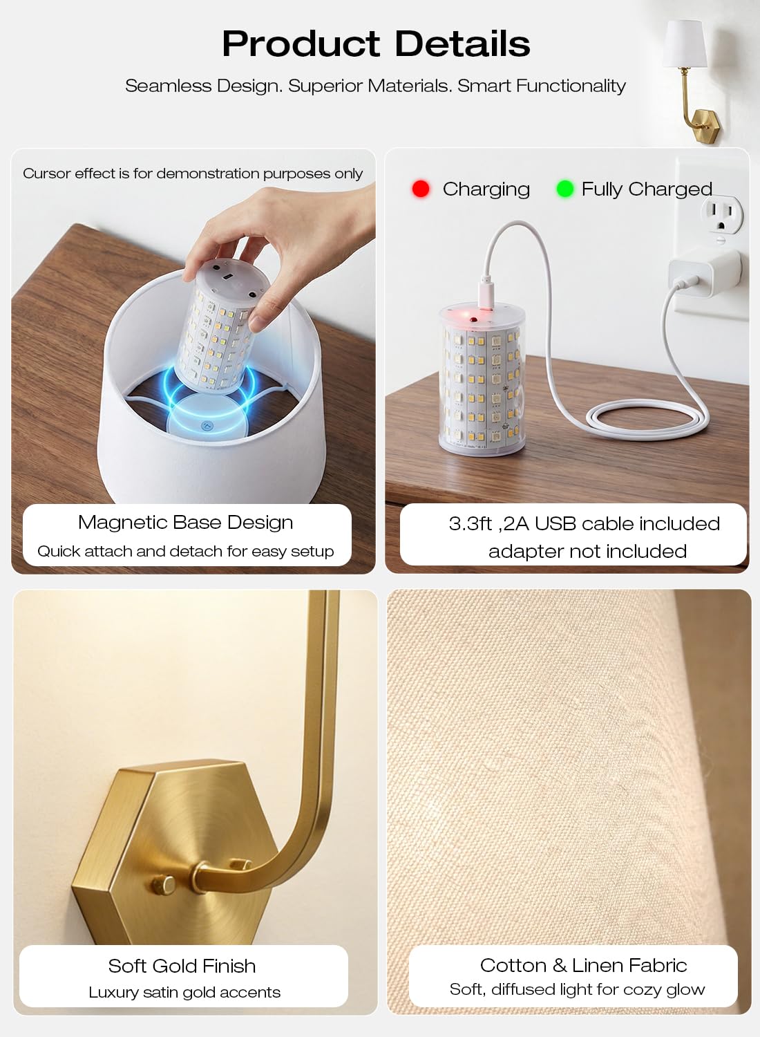 CLOUDY BAY 10000mAh Battery Operated Wall Sconces,Up to 100 Hours with Rechargeable RGB Dimmable Magnetic Bulb,Cordless Wall Lighting Fixtures with Remote for Bedroom,Soft Gold,2 Pack-17.9inch - Image 9