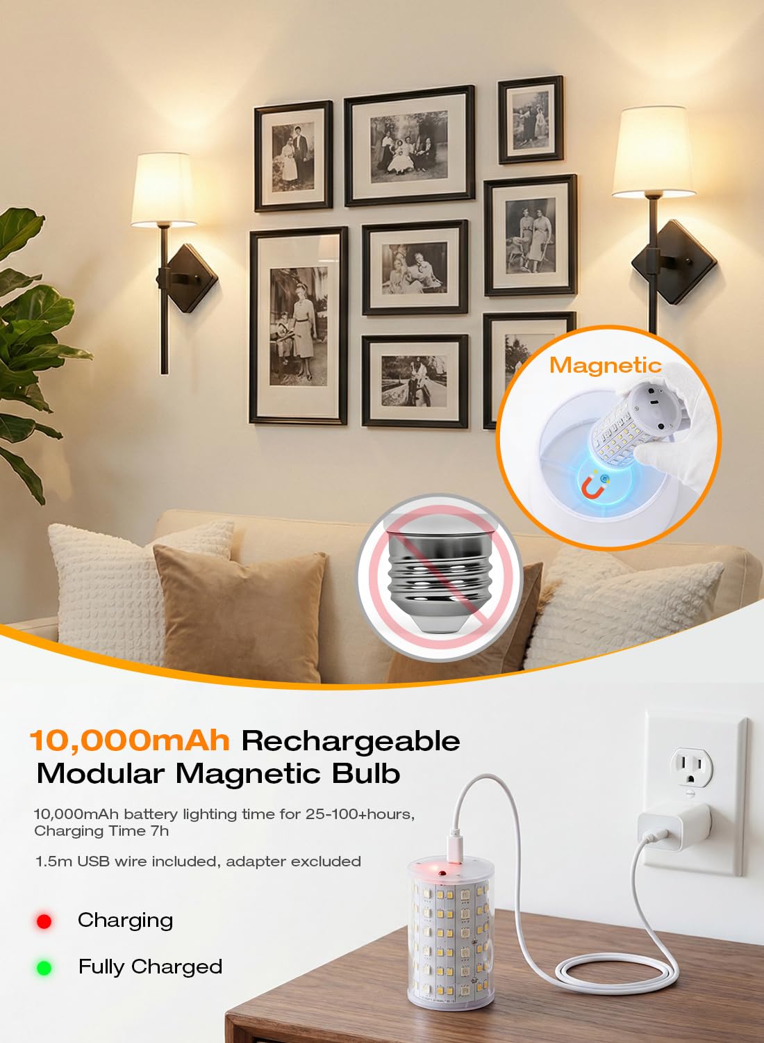 CLOUDY BAY 10000mAh Battery Operated Wall Sconces,Up to 100 Hours with Rechargeable RGB Dimmable Magnetic Bulb,Cordless Wall Lighting Fixtures with Remote for Bedroom,Black,2 Pack-18in - Image 4