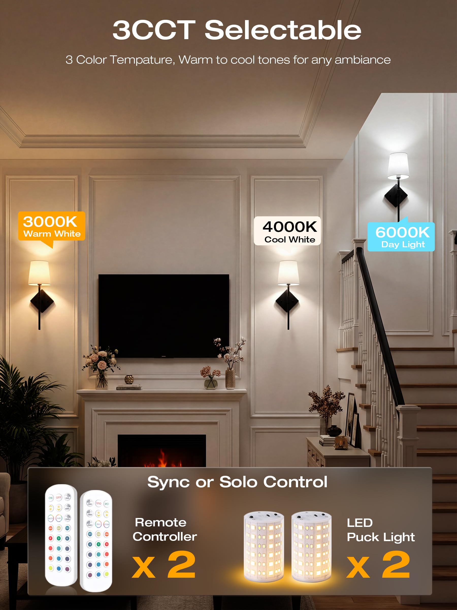 CLOUDY BAY 10000mAh Battery Operated Wall Sconces,Up to 100 Hours with Rechargeable RGB Dimmable Magnetic Bulb,Cordless Wall Lighting Fixtures with Remote for Bedroom,Black,2 Pack-18in - Image 5