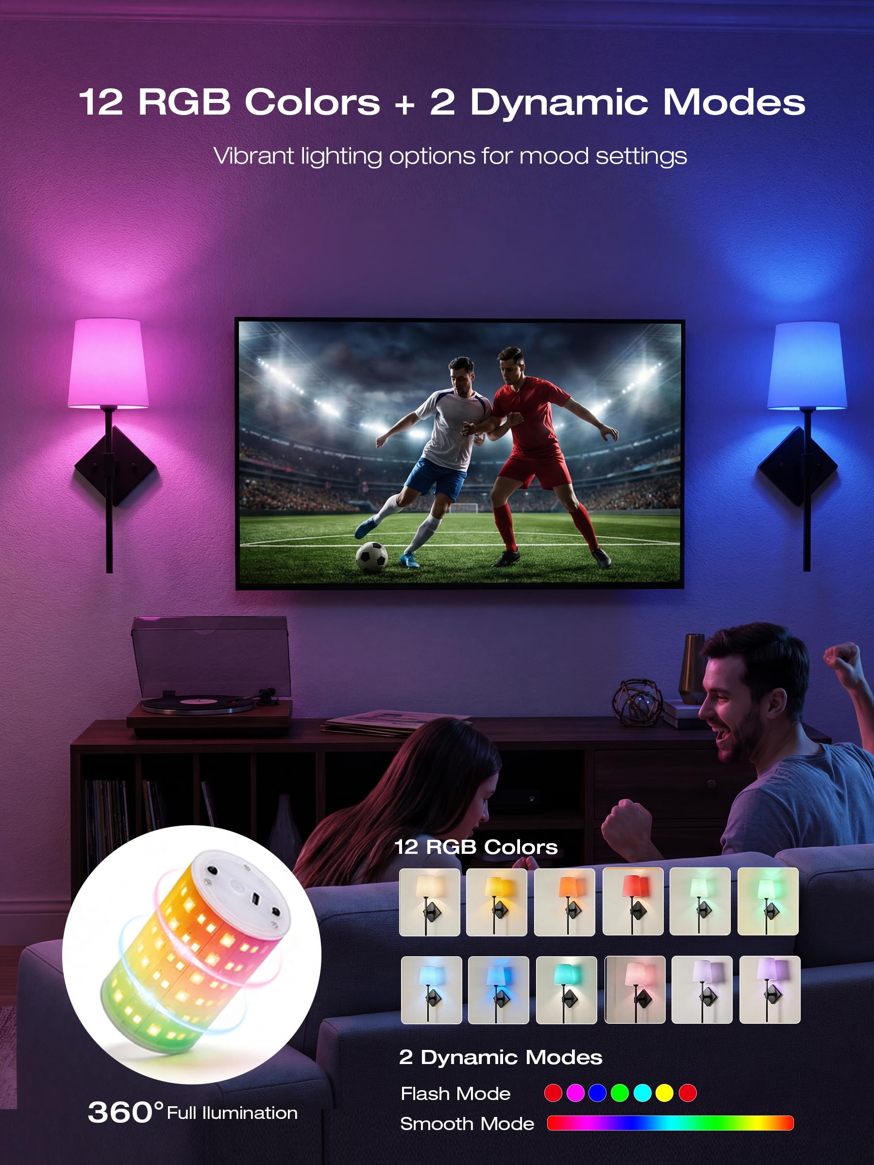 CLOUDY BAY 10000mAh Battery Operated Wall Sconces,Up to 100 Hours with Rechargeable RGB Dimmable Magnetic Bulb,Cordless Wall Lighting Fixtures with Remote for Bedroom,Black,2 Pack-18in - Image 6