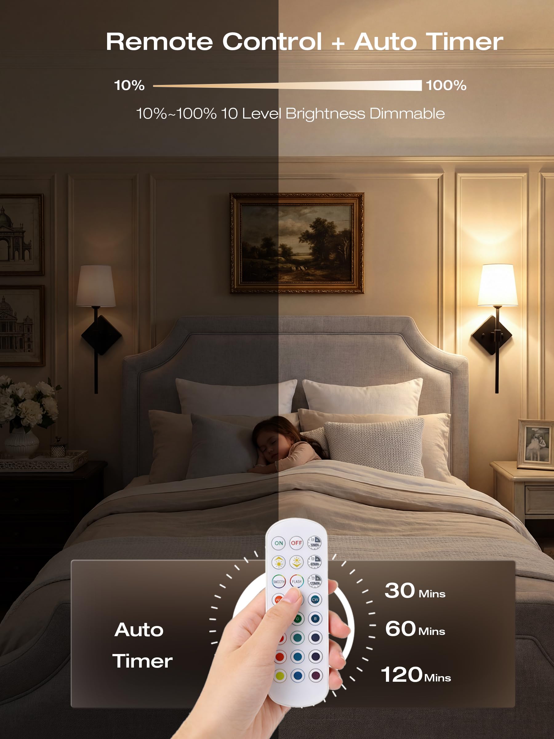 CLOUDY BAY 10000mAh Battery Operated Wall Sconces,Up to 100 Hours with Rechargeable RGB Dimmable Magnetic Bulb,Cordless Wall Lighting Fixtures with Remote for Bedroom,Black,2 Pack-18in - Image 7