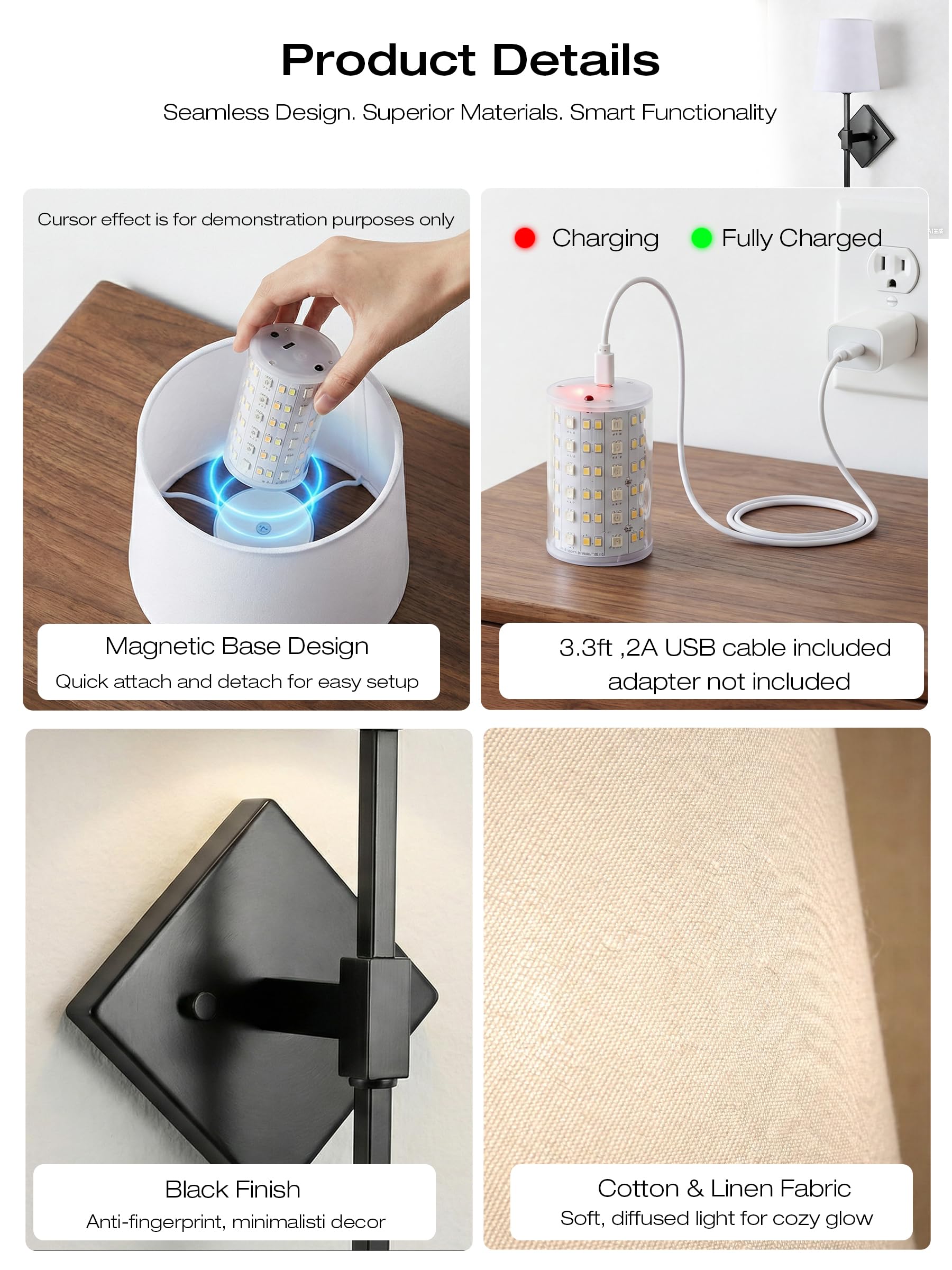 CLOUDY BAY 10000mAh Battery Operated Wall Sconces,Up to 100 Hours with Rechargeable RGB Dimmable Magnetic Bulb,Cordless Wall Lighting Fixtures with Remote for Bedroom,Black,2 Pack-18in - Image 9