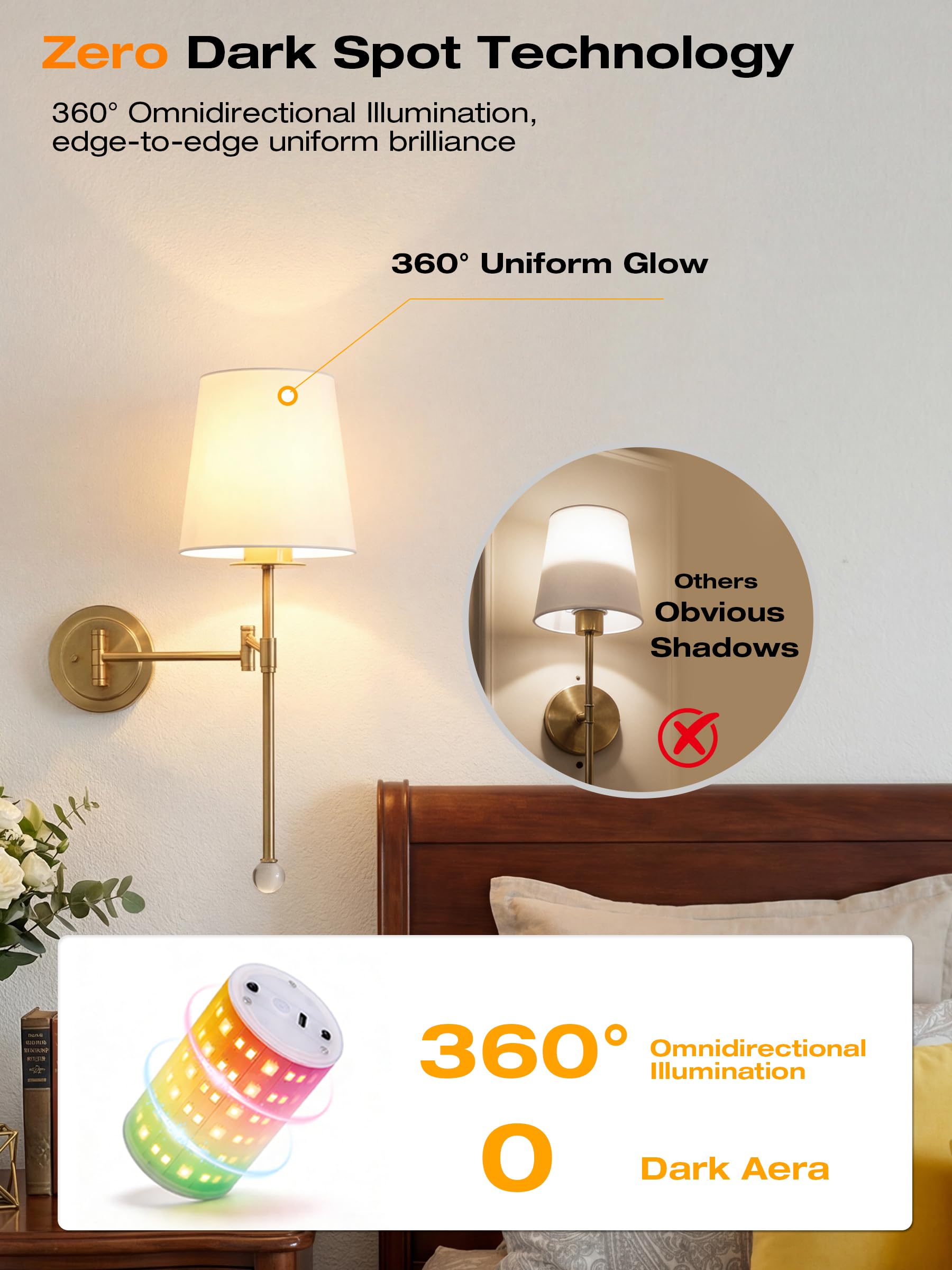 CLOUDY BAY 10000mAh Battery Operated Wall Sconces,Up to 100 Hours with Rechargeable RGB Dimmable Magnetic Bulb,Cordless Wall Lighting Fixtures with Remote for Bedroom,Soft Gold,2 Pack-18.6inch - Image 3