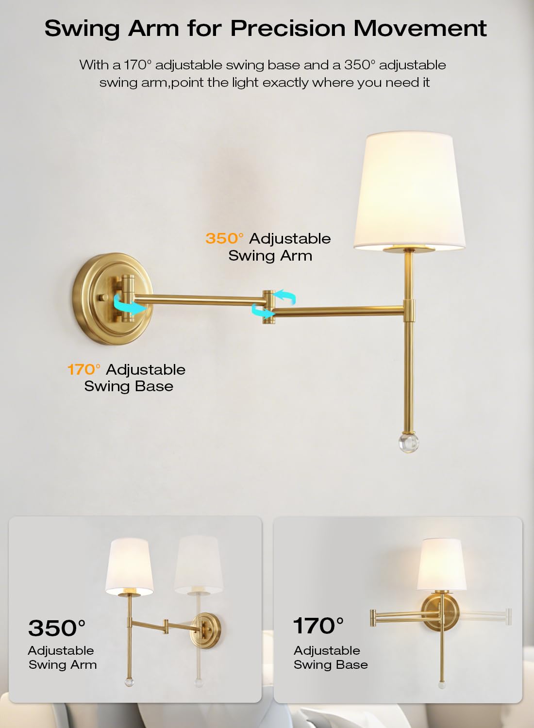 CLOUDY BAY 10000mAh Battery Operated Wall Sconces,Up to 100 Hours with Rechargeable RGB Dimmable Magnetic Bulb,Cordless Wall Lighting Fixtures with Remote for Bedroom,Soft Gold,2 Pack-18.6inch - Image 4