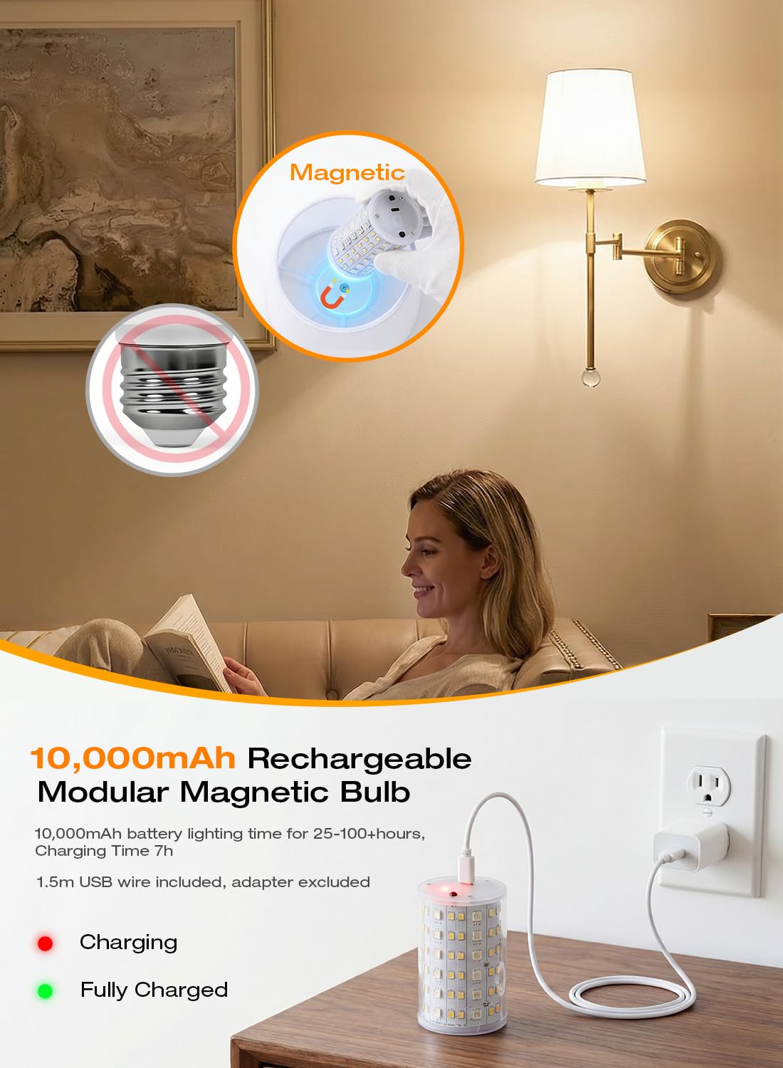 CLOUDY BAY 10000mAh Battery Operated Wall Sconces,Up to 100 Hours with Rechargeable RGB Dimmable Magnetic Bulb,Cordless Wall Lighting Fixtures with Remote for Bedroom,Soft Gold,2 Pack-18.6inch - Image 5