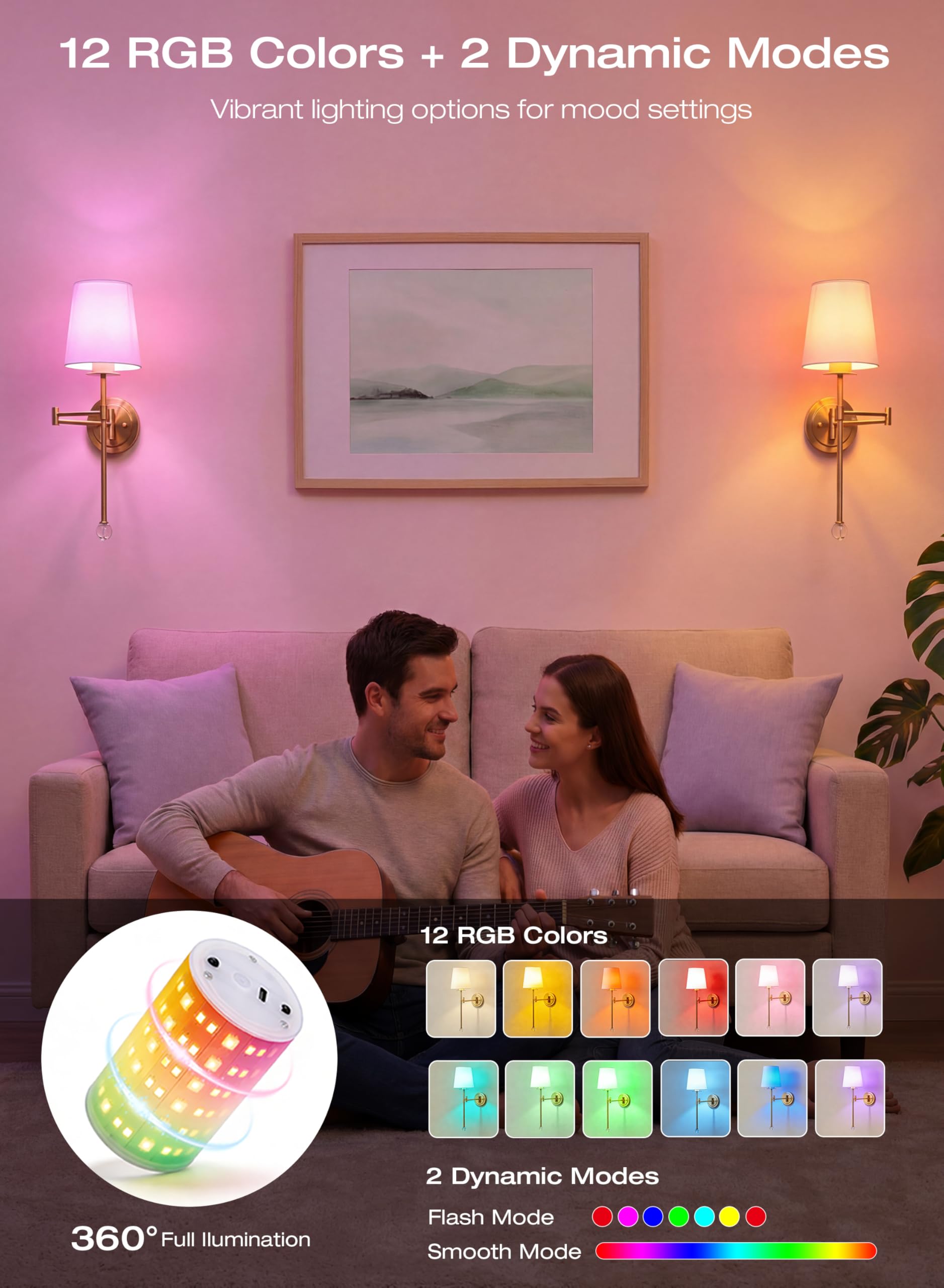 CLOUDY BAY 10000mAh Battery Operated Wall Sconces,Up to 100 Hours with Rechargeable RGB Dimmable Magnetic Bulb,Cordless Wall Lighting Fixtures with Remote for Bedroom,Soft Gold,2 Pack-18.6inch - Image 7