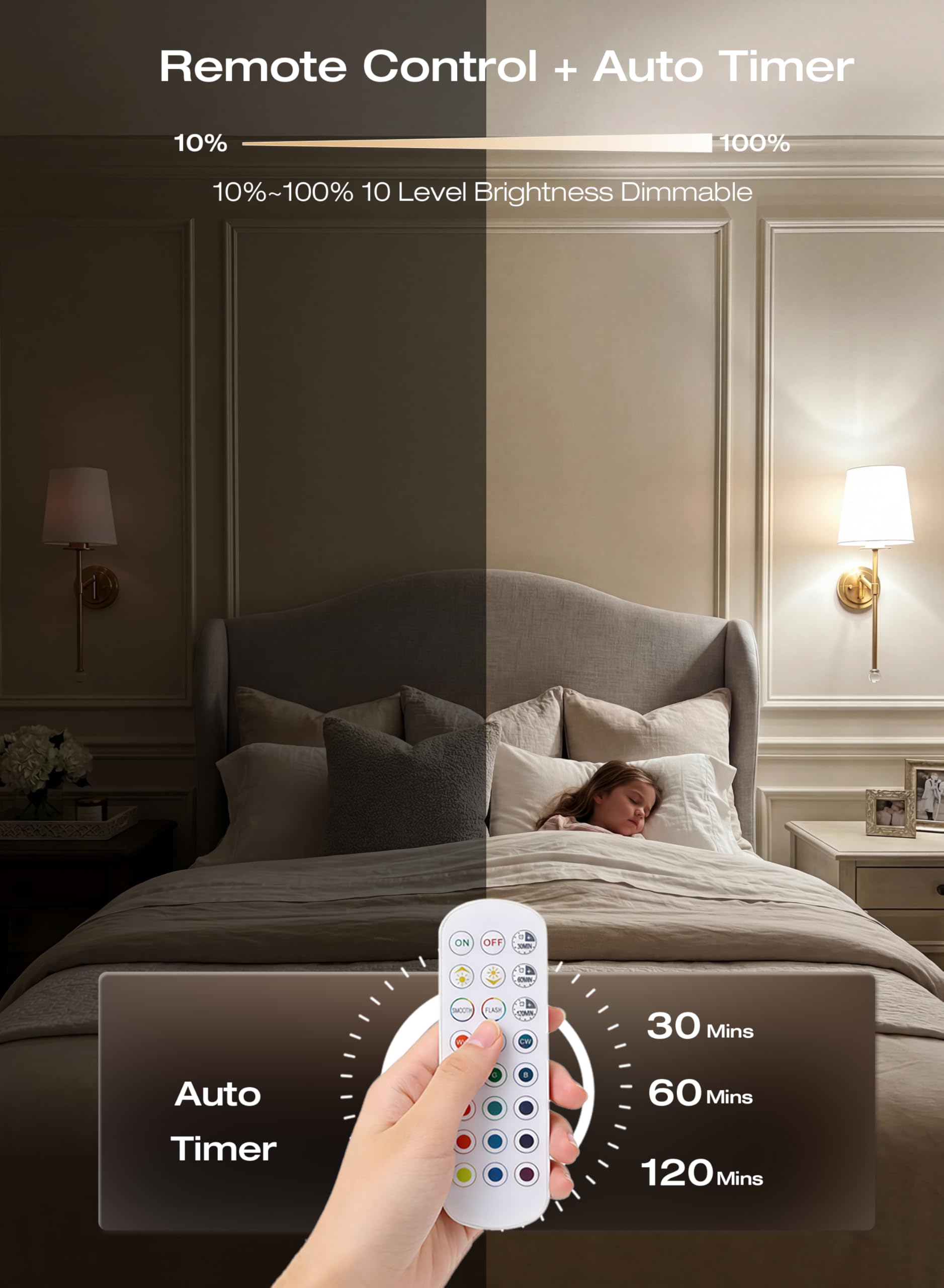 CLOUDY BAY 10000mAh Battery Operated Wall Sconces,Up to 100 Hours with Rechargeable RGB Dimmable Magnetic Bulb,Cordless Wall Lighting Fixtures with Remote for Bedroom,Soft Gold,2 Pack-18.6inch - Image 8