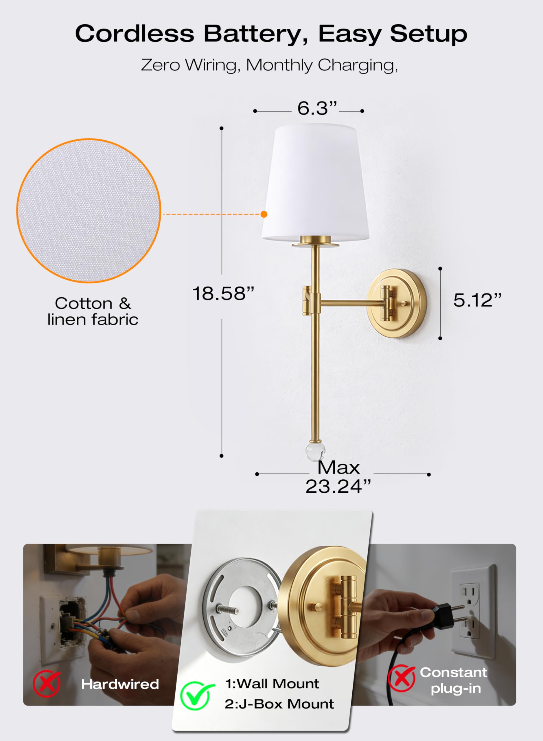 CLOUDY BAY 10000mAh Battery Operated Wall Sconces,Up to 100 Hours with Rechargeable RGB Dimmable Magnetic Bulb,Cordless Wall Lighting Fixtures with Remote for Bedroom,Soft Gold,2 Pack-18.6inch - Image 9