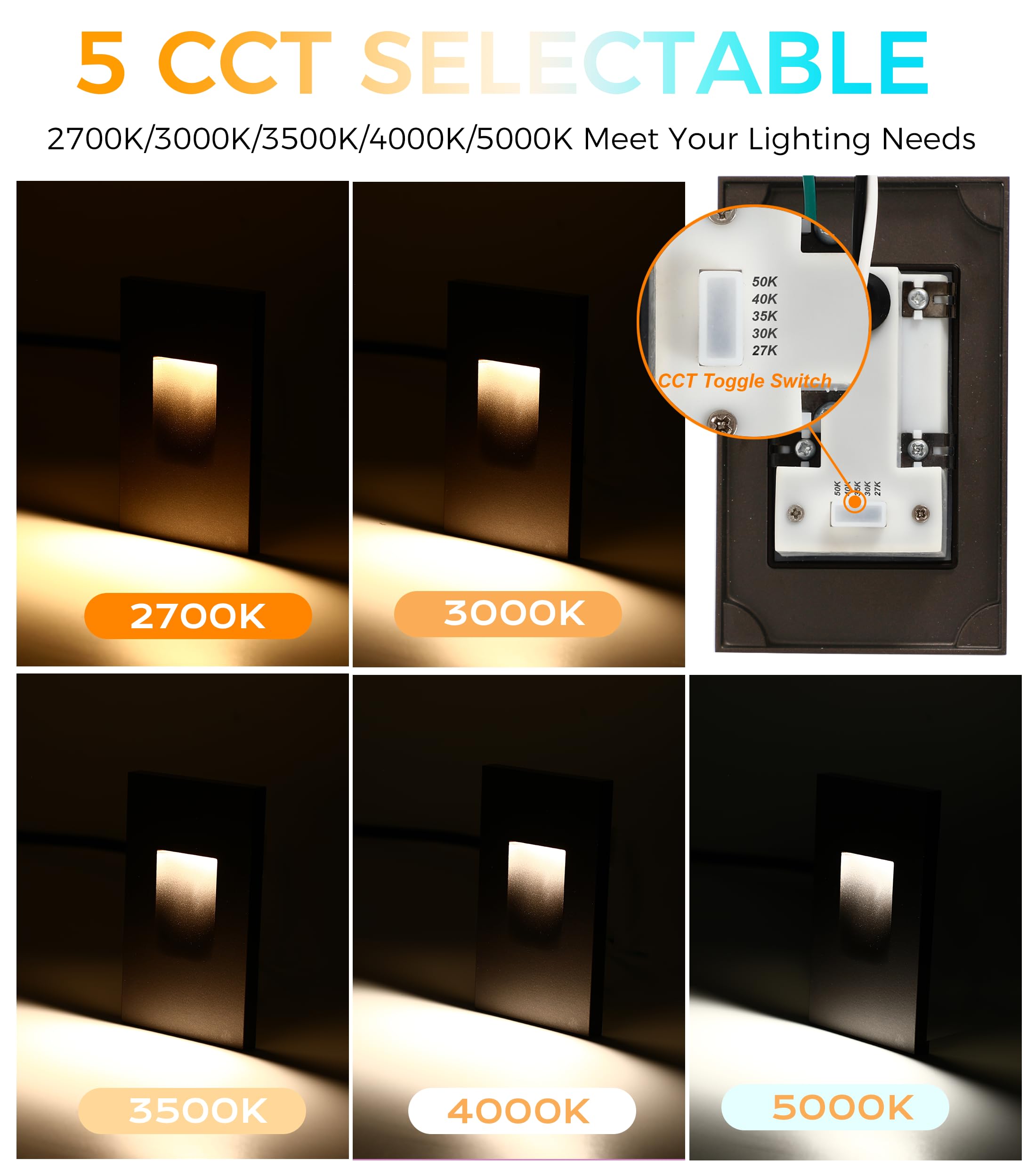 CLOUDY BAY 120V Dimmbale 5 Color LED Indoor Outdoor Step Light,2700K/3000K/3500K/4000K/5000K 3W 35lm,Stair Light,Oil Rubbed Bronze,6 Pack - Image 3