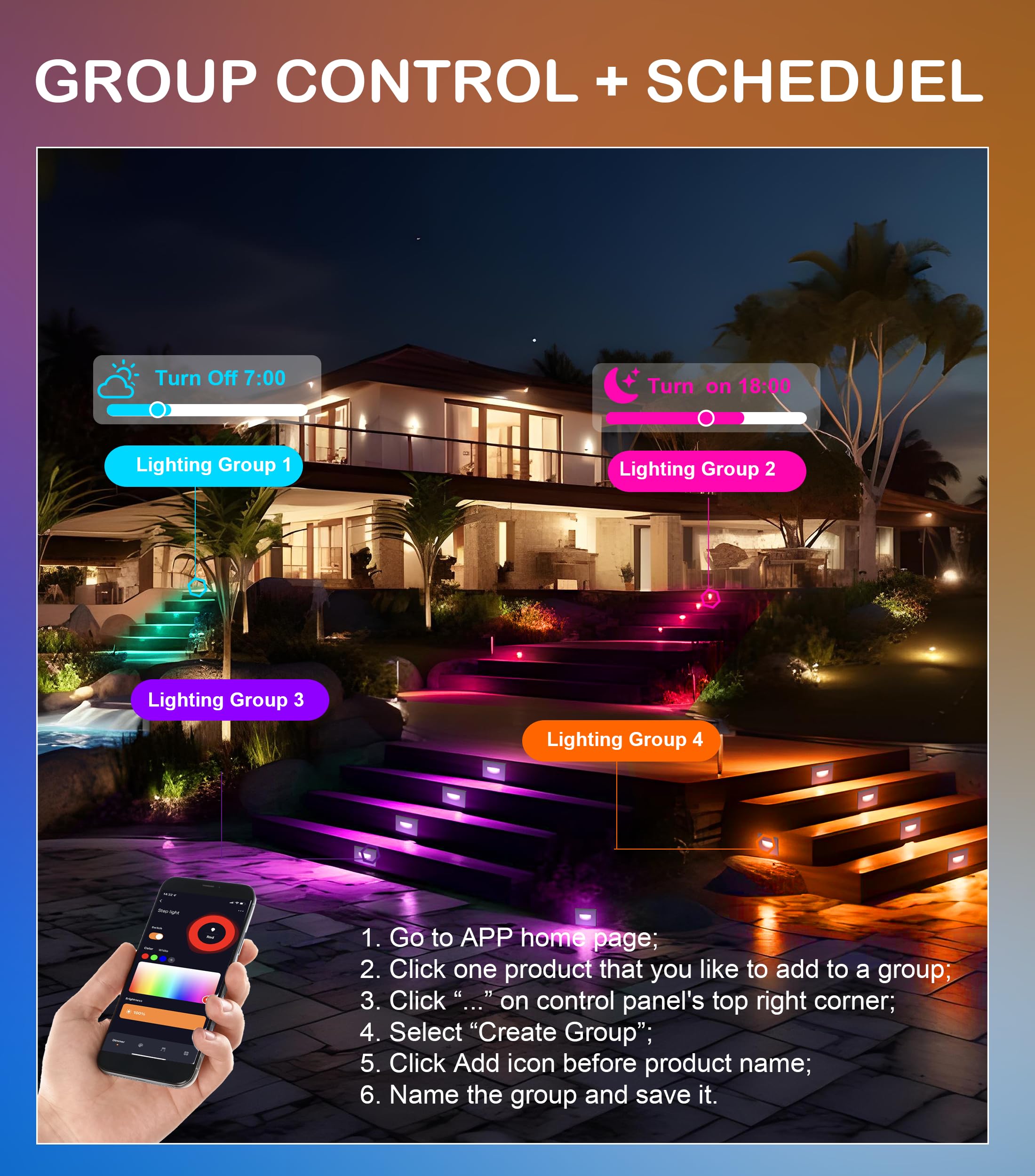 CLOUDY BAY 120V Indoor Outdoor Smart LED Step Lights, RGBCW Color Changing Stair Lights,3W 2700K-6500K,Hub Included,Compatible with Alexa and Google Home Assistant, 6 Pack - Image 5