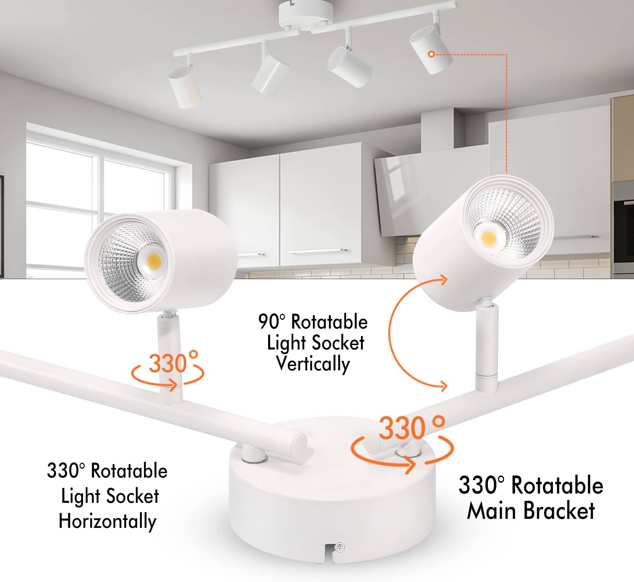 CLOUDY BAY 3 Color LED Dimmable 4-Head Track Lighting Kit,3000K/4000K/5000K Selectable 30W 2400lm CRI90,Adjustable Light Head Fixture for Accent Decorative Lighting,White - Image 5