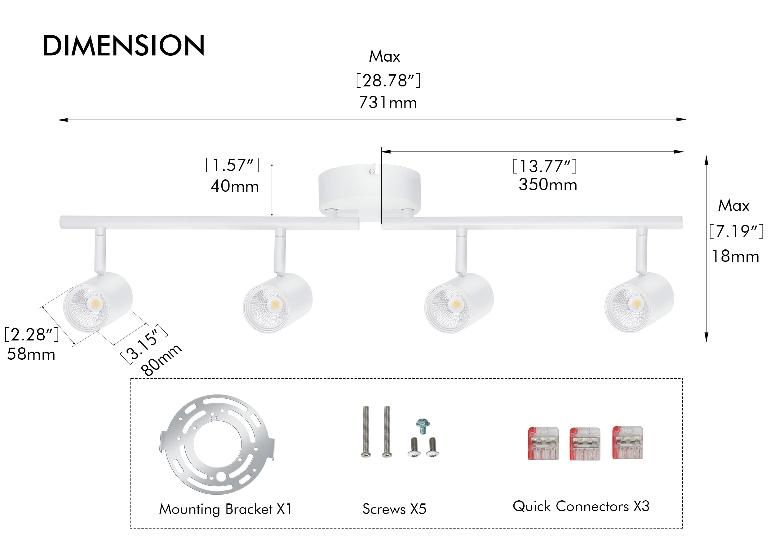 CLOUDY BAY 3 Color LED Dimmable 4-Head Track Lighting Kit,3000K/4000K/5000K Selectable 30W 2400lm CRI90,Adjustable Light Head Fixture for Accent Decorative Lighting,White - Image 6