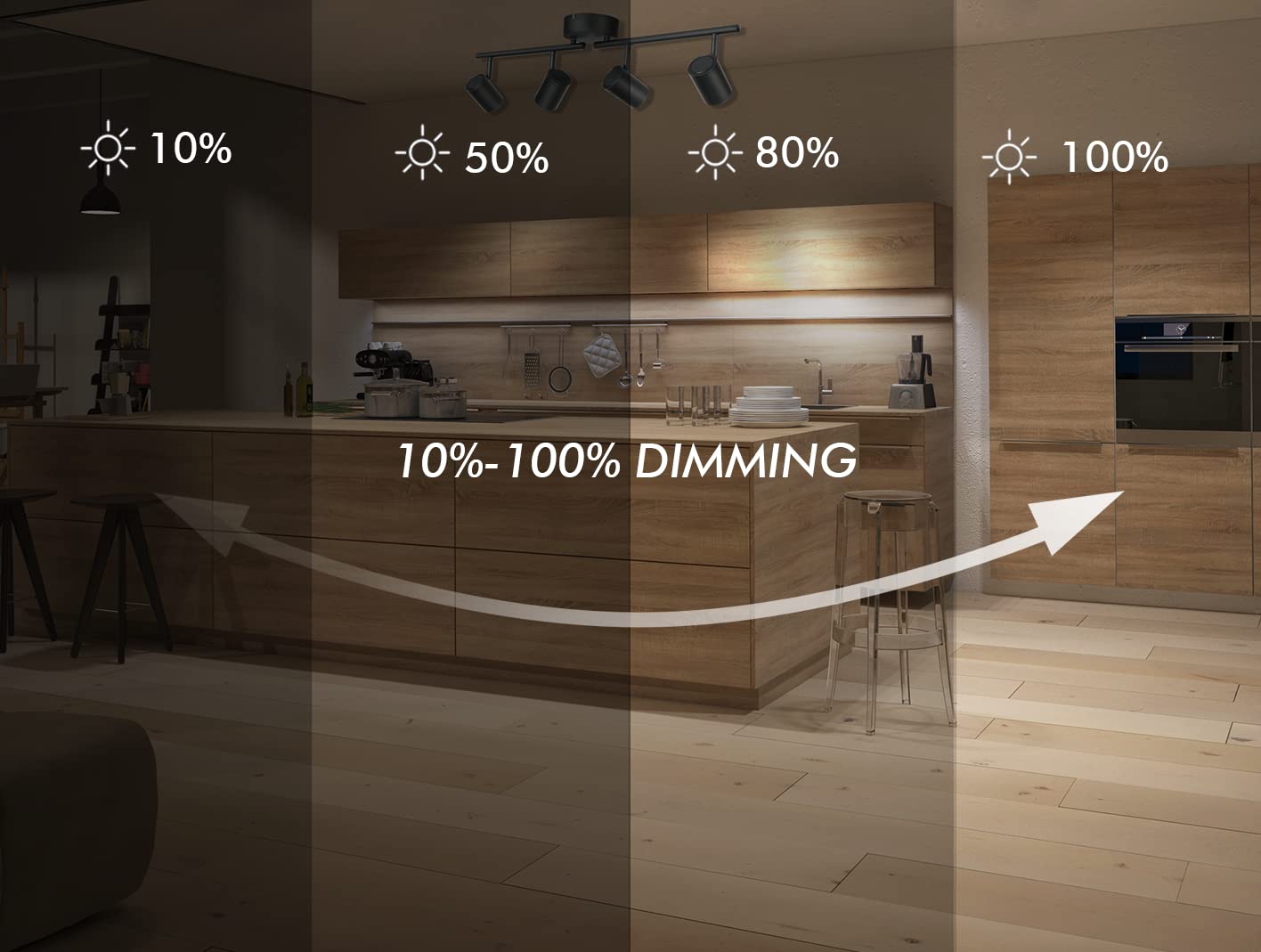 CLOUDY BAY 30W 4-Head LED Dimmable Track Light Kit,3000K/4000K/5000K Selectable 2400lm CRI90,Flexibly Rotatable Light Head for Accent Decorative Lighting,Black - Image 3