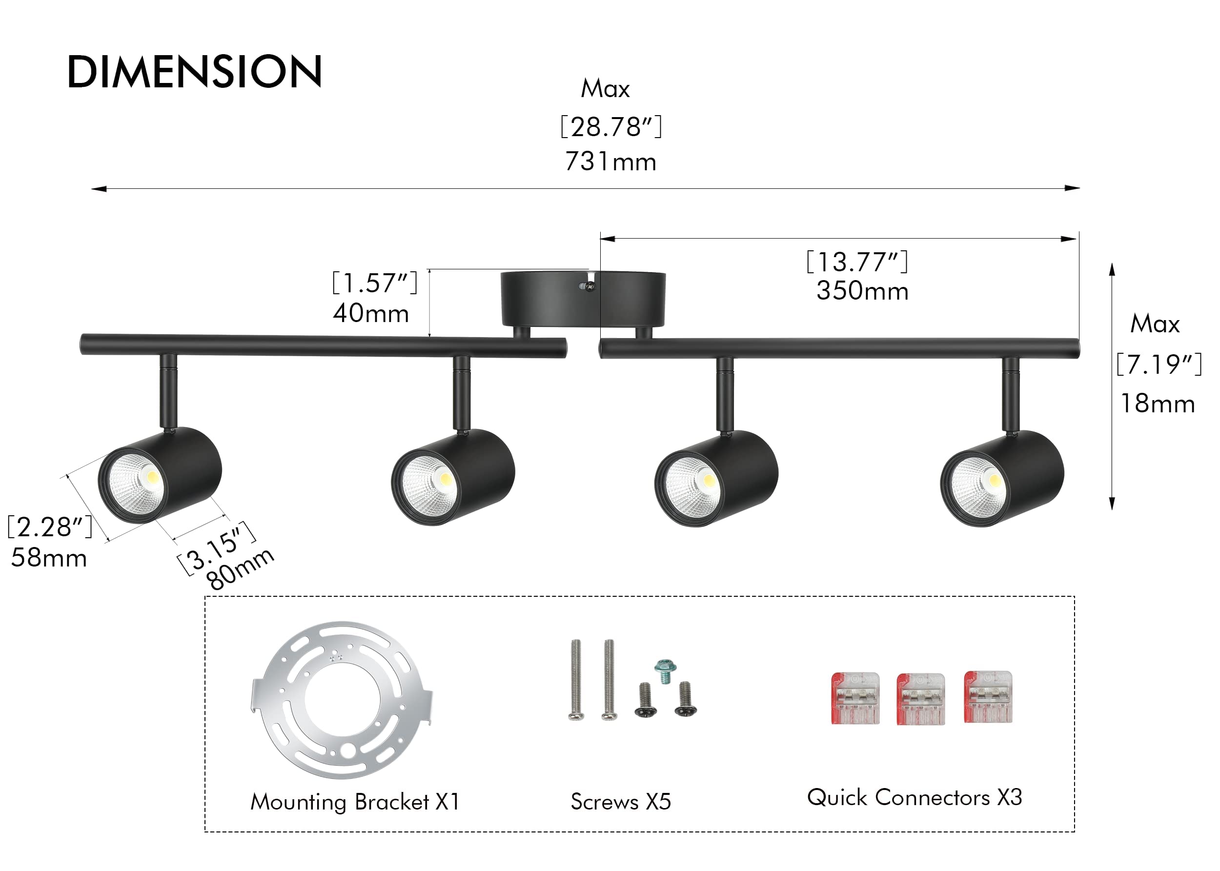 CLOUDY BAY 30W 4-Head LED Dimmable Track Light Kit,3000K/4000K/5000K Selectable 2400lm CRI90,Flexibly Rotatable Light Head for Accent Decorative Lighting,Black - Image 7