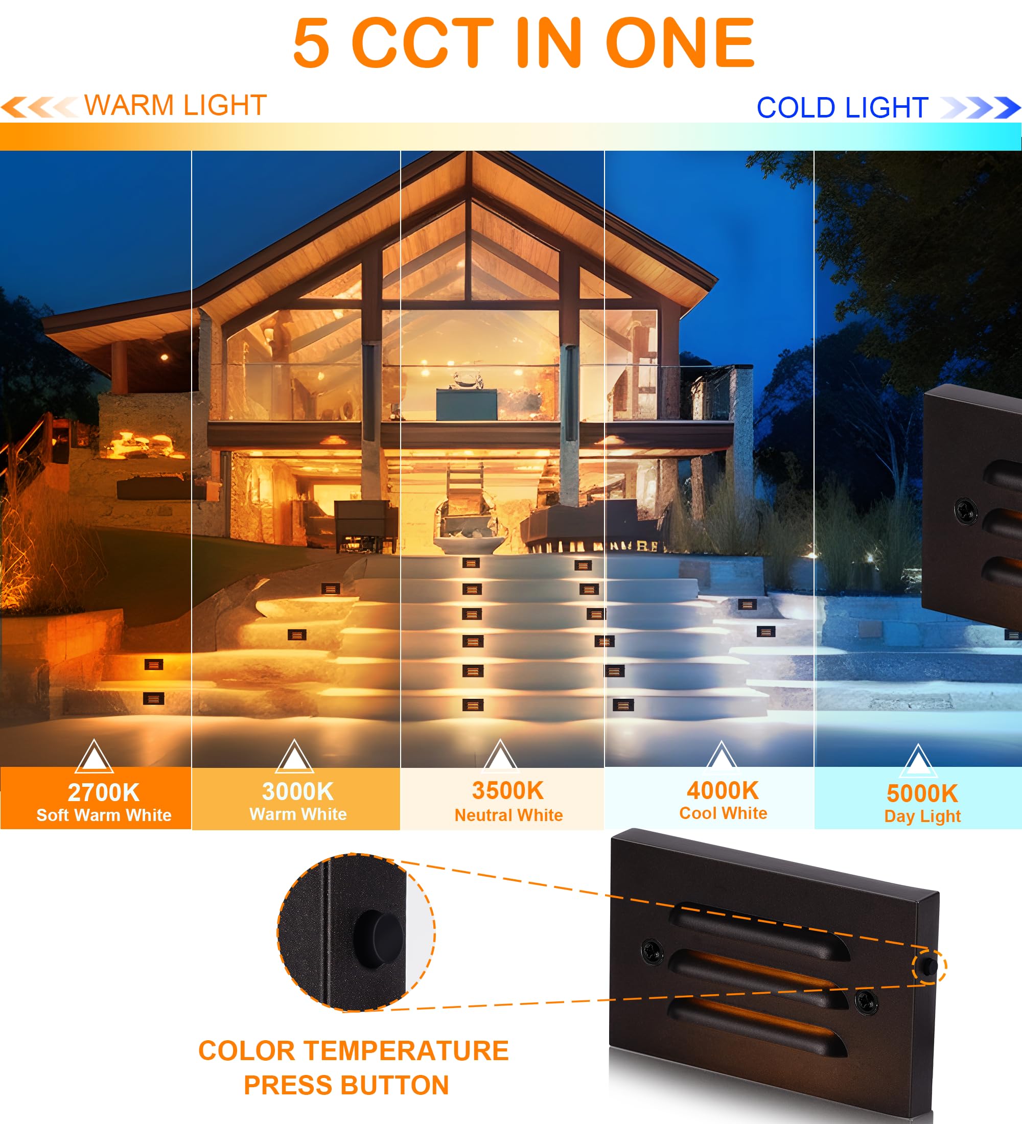 CLOUDY BAY 4 Inch 5CCT 12V 4W Low Voltage LED Step Light with Horizontal Louvered Faceplate for Steps Decks Stairs,Outdoor Stair Lights,Wet Locations,6 Pack,Oil Rubbed Bronze - Image 3