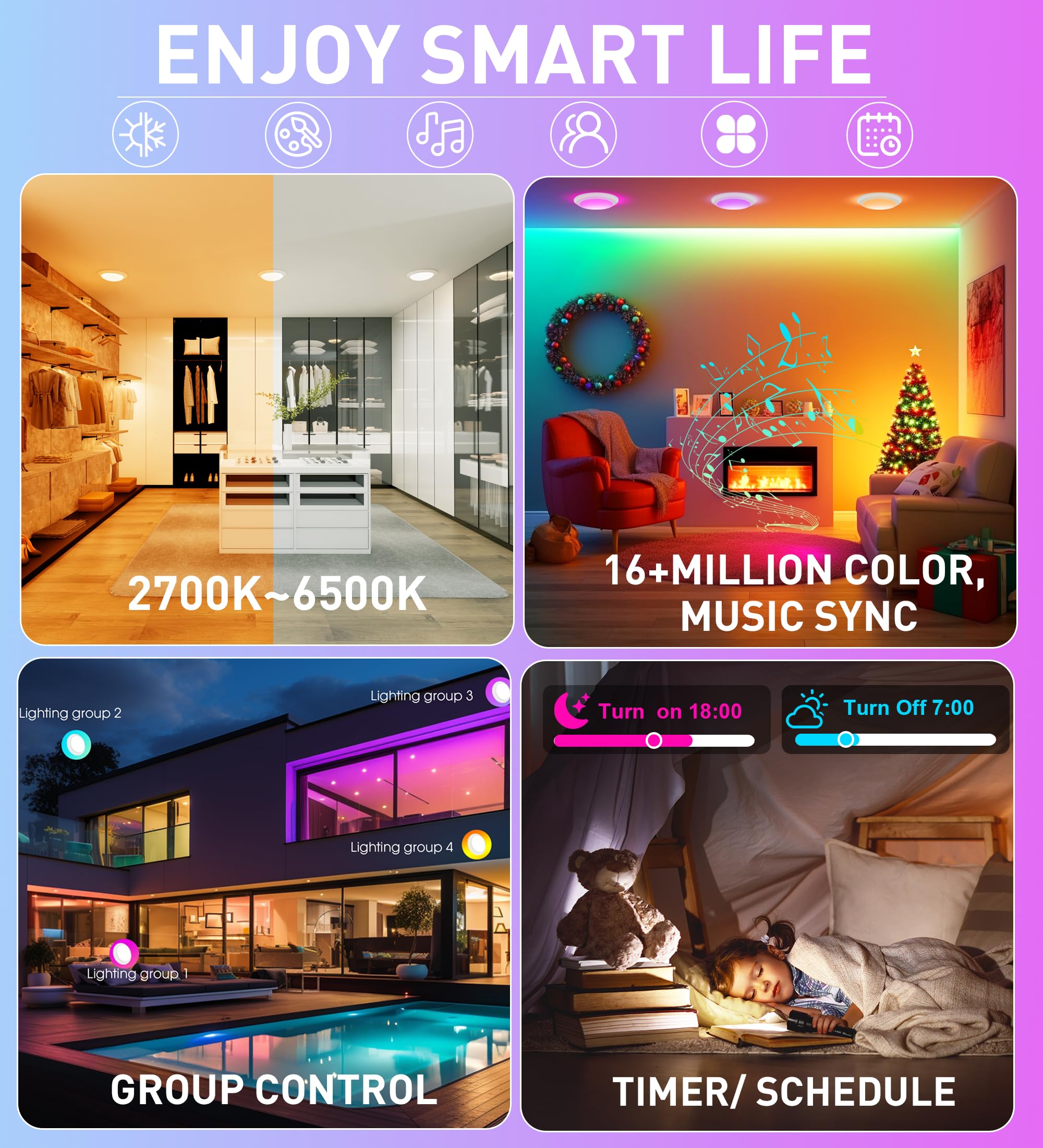 CLOUDY BAY [4 Pack] Smart LED Flush Mount Lights,5/6 Inch Surface Mount Ceiling Lights with Remote Control,Smart WiFi Recessed Can Lights,Color Changing Retrofit,Work with Alexa/Google Assistant - Image 5