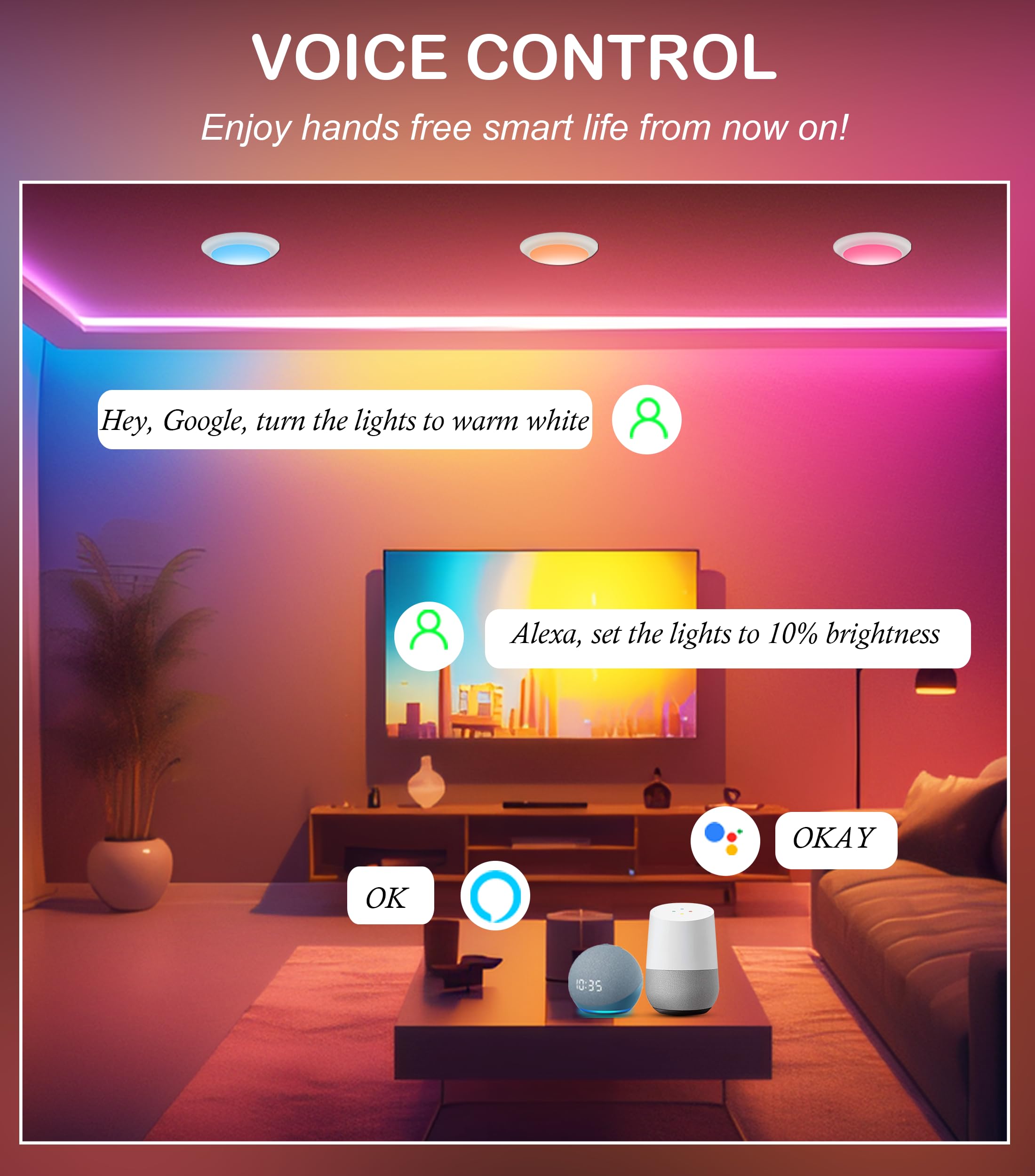 CLOUDY BAY [4 Pack] Smart LED Flush Mount Lights,5/6 Inch Surface Mount Ceiling Lights with Remote Control,Smart WiFi Recessed Can Lights,Color Changing Retrofit,Work with Alexa/Google Assistant - Image 8