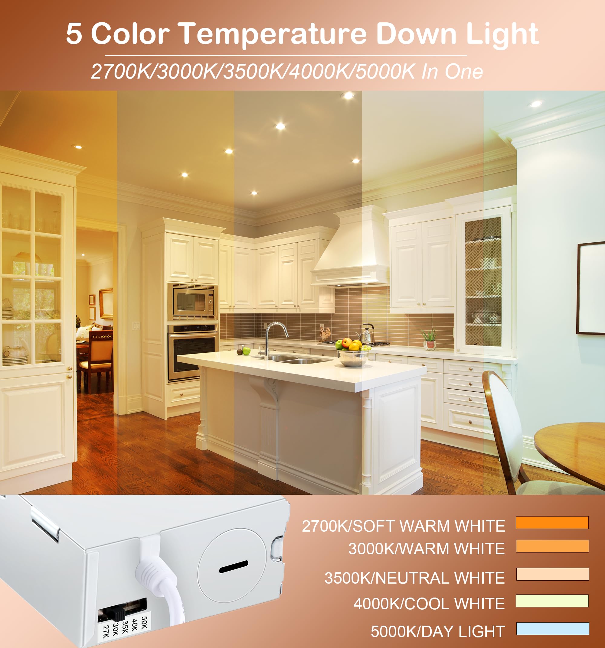 CLOUDY BAY [6 Pack] 3 Inch 5CCT LED Recessed Down Light with Night Light,2700K/3000K/3500K/4000K/5000K Selectable Ultra-Thin Recessed Lighting,Dimmable Canless Wafer Downlight - Image 6