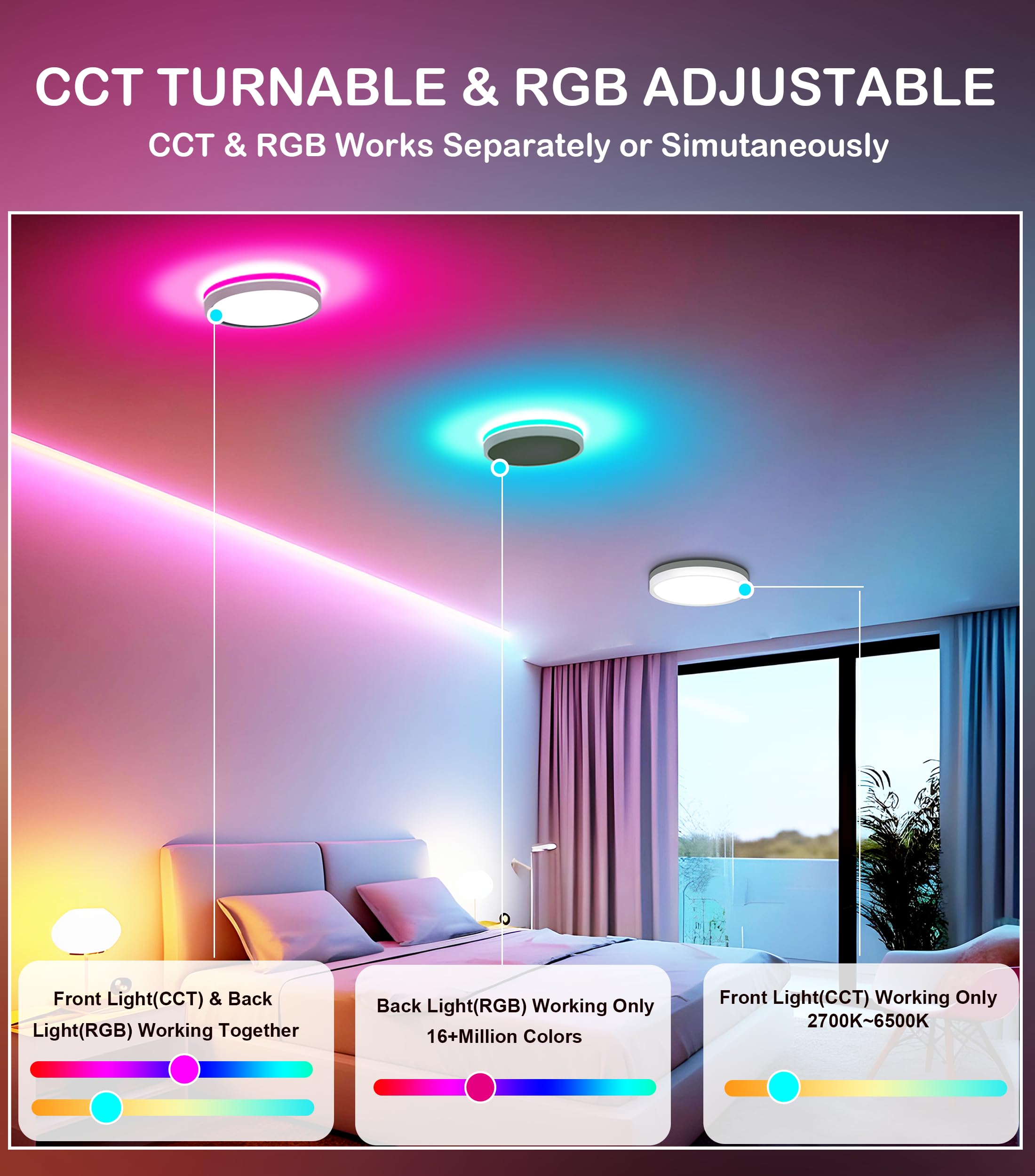 CLOUDY BAY 8 Inch LED Smart Ceiling Light,Flush Mount Ceiling Fixture,15W 2700-6500K CCT,2W RGB,Compatible with Alexa and Google Home Assistant,White Finish - Image 3