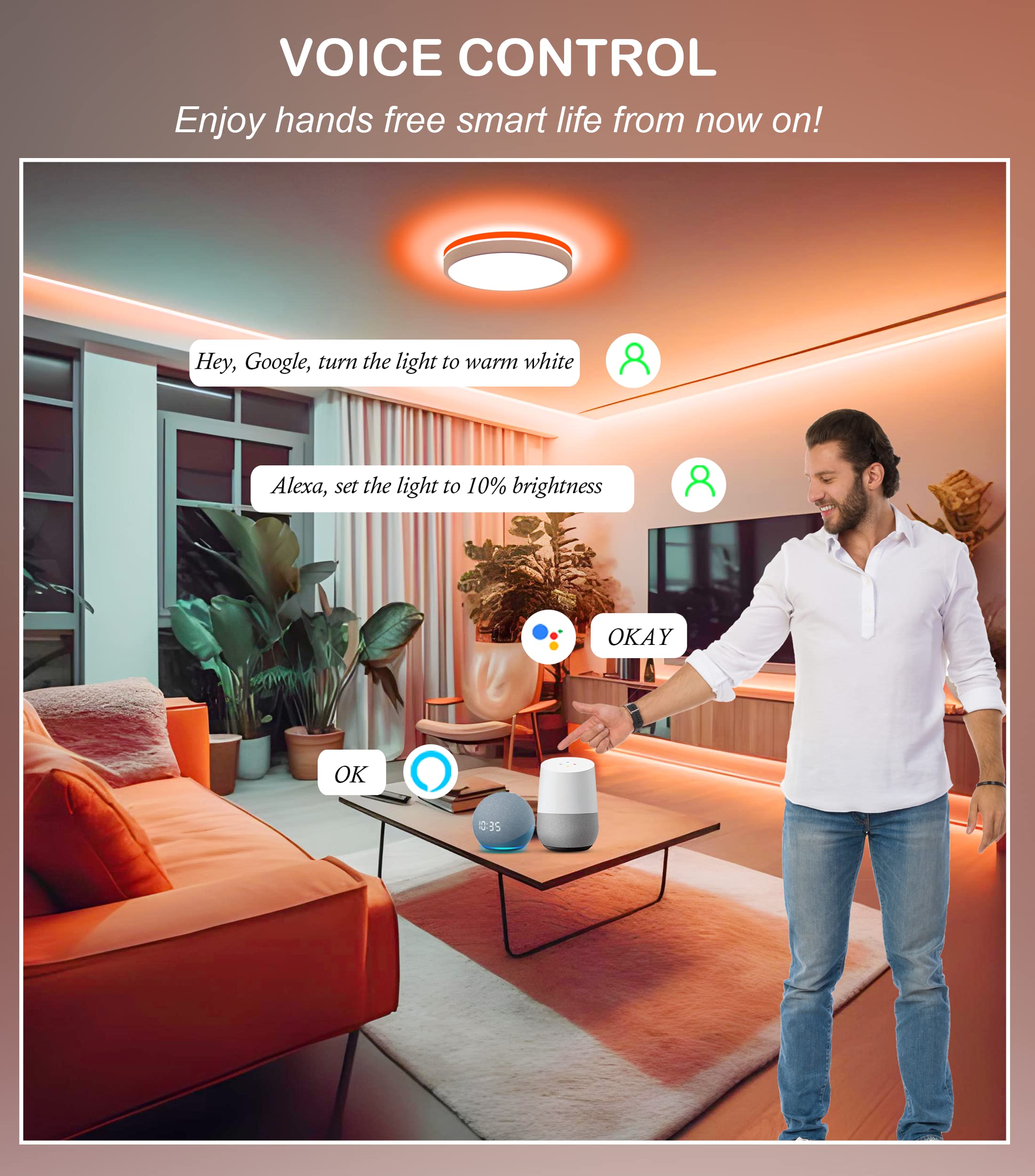 CLOUDY BAY 8 Inch LED Smart Ceiling Light,Flush Mount Ceiling Fixture,15W 2700-6500K CCT,2W RGB,Compatible with Alexa and Google Home Assistant,White Finish - Image 6