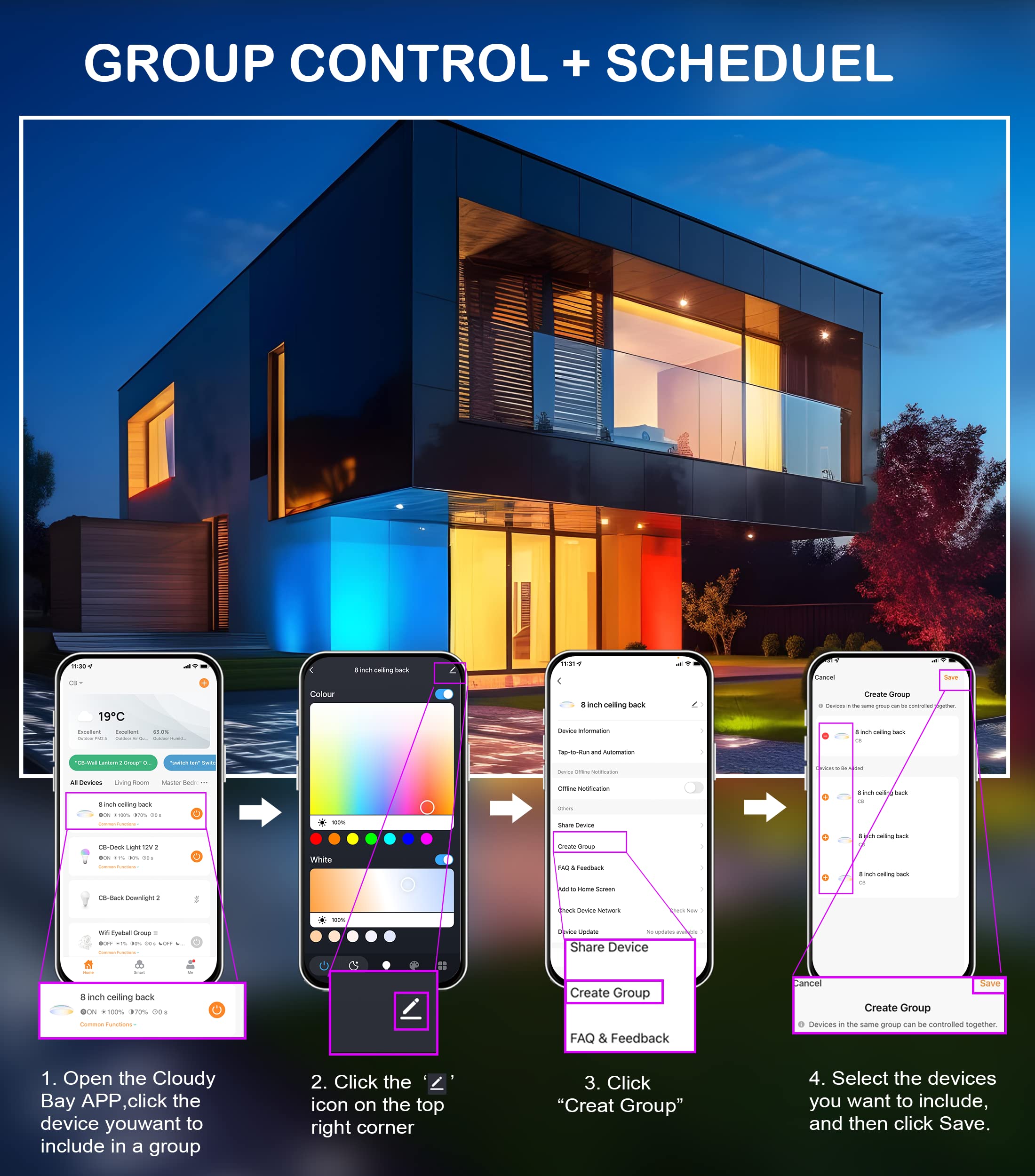 CLOUDY BAY 8 Inch LED Smart Ceiling Light,Flush Mount Ceiling Fixture,15W 2700-6500K CCT,2W RGB,Compatible with Alexa and Google Home Assistant,White Finish - Image 7