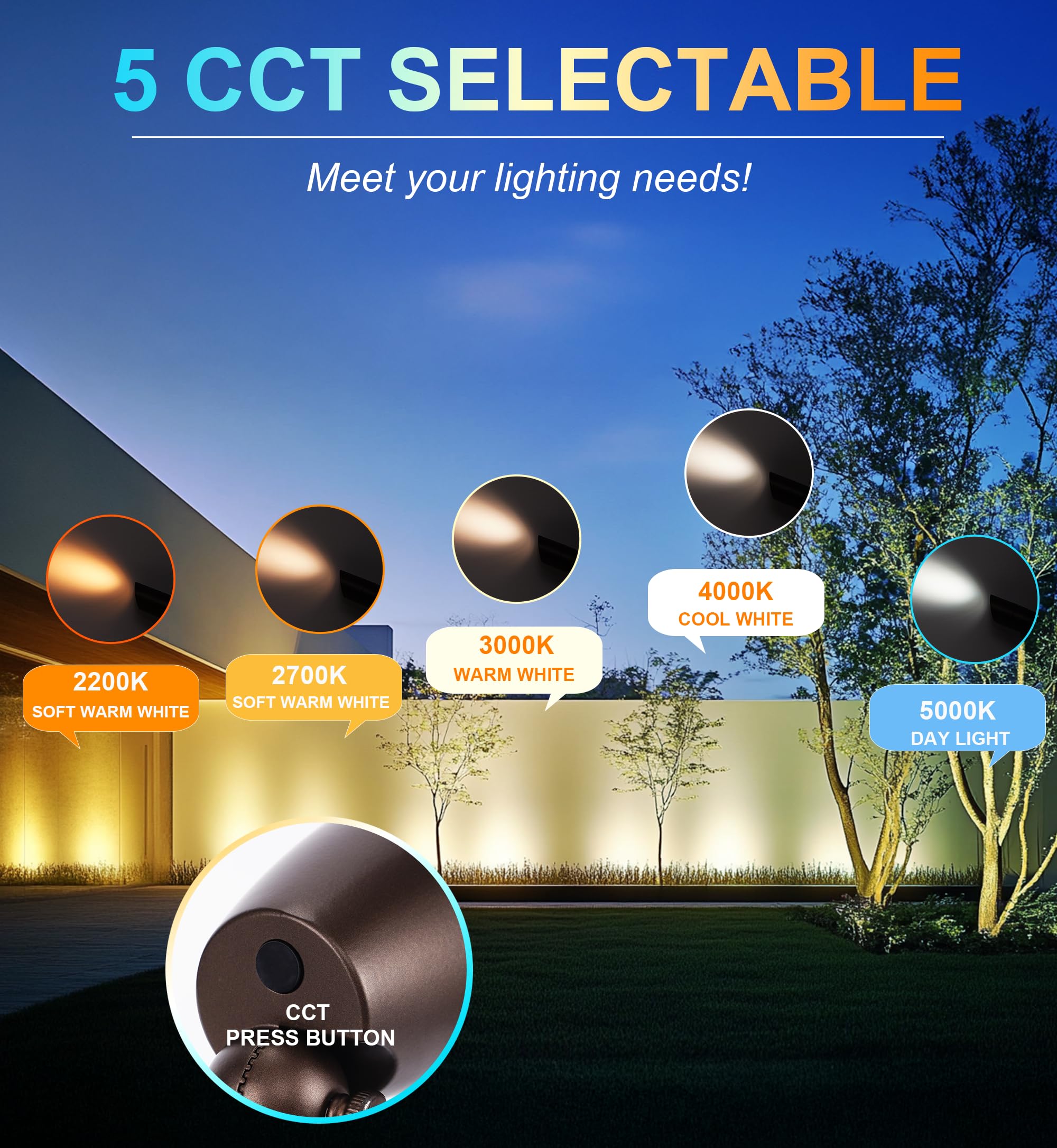 CLOUDY BAY 9W 5CCT LED Landscape Lighting Low Voltage (AC/DC 12V) Outdoor Spotlights with Spike Stand,Waterproof Pathway Lights,2200K/2700K/3000K/4000K/5000K Selectable,Pack of 4,Bronze - Image 3