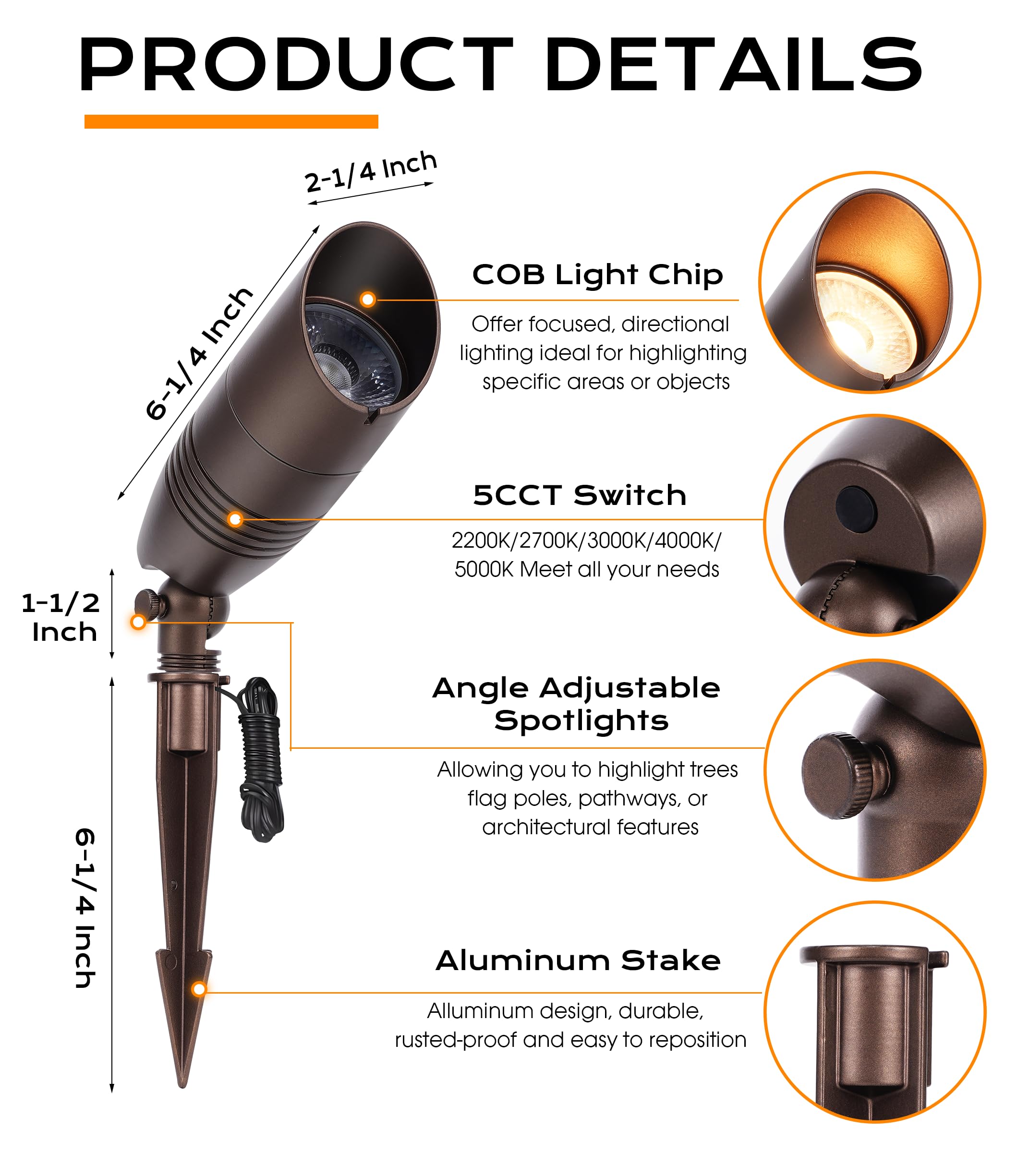 CLOUDY BAY 9W 5CCT LED Landscape Lighting Low Voltage (AC/DC 12V) Outdoor Spotlights with Spike Stand,Waterproof Pathway Lights,2200K/2700K/3000K/4000K/5000K Selectable,Pack of 4,Bronze - Image 6