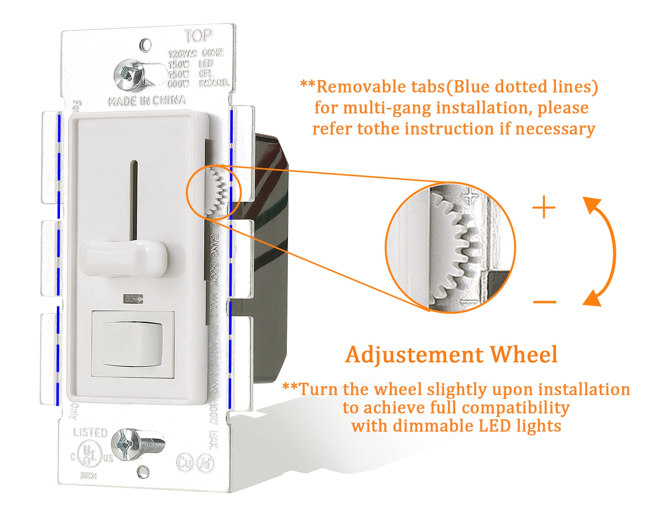 Cloudy Bay in Wall Dimmer Switch with Green Indicator,for LED Light/CFL/Incandescent, Single Pole &3-Way Dimmable Slide,600 Watt max,Cover Plate Included,White,UL Listed - Image 3