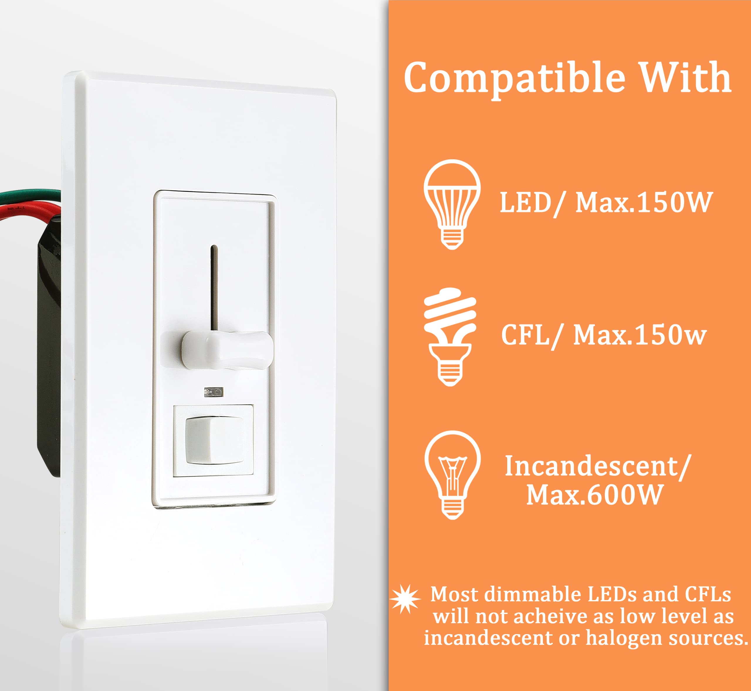 Cloudy Bay in Wall Dimmer Switch with Green Indicator,for LED Light/CFL/Incandescent, Single Pole &3-Way Dimmable Slide,600 Watt max,Cover Plate Included,White,UL Listed - Image 4