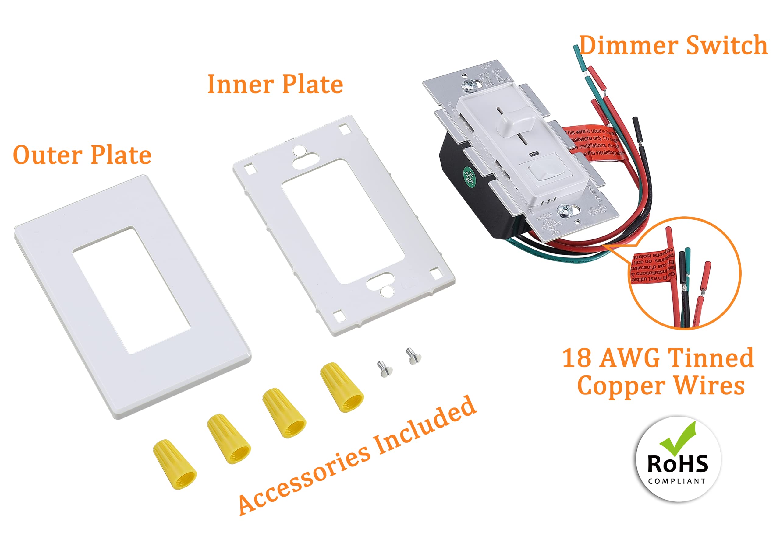 Cloudy Bay in Wall Dimmer Switch with Green Indicator,for LED Light/CFL/Incandescent, Single Pole &3-Way Dimmable Slide,600 Watt max,Cover Plate Included,White,UL Listed - Image 5
