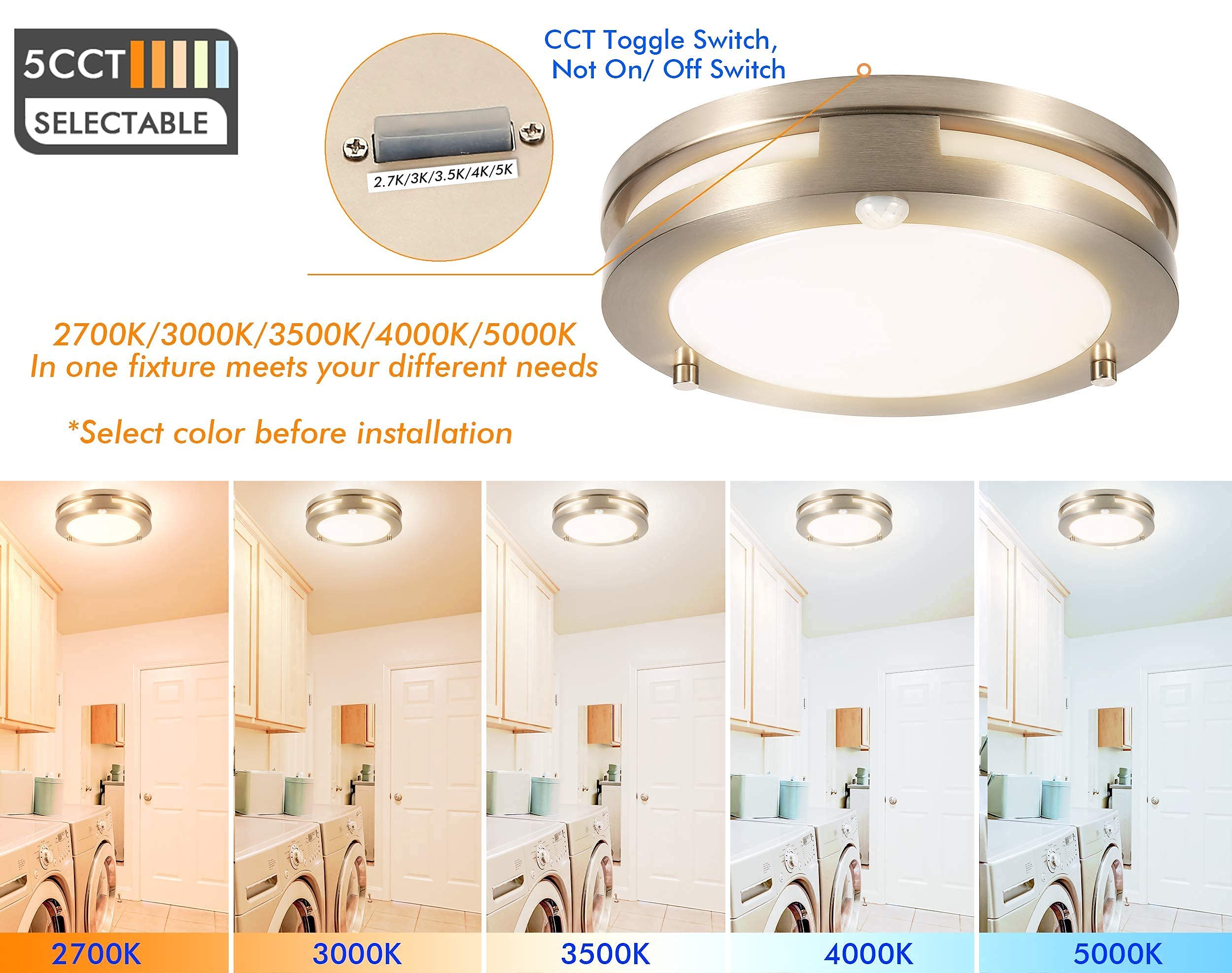 CLOUDY BAY Indoor Outdoor Motion Sensor Flush Mount Porch Ceiling Light,10 inch 5 Color 120V 20W, 5CCT Selectable,Brushed Nickel Finish,Dust Proof,Wet Location,ETL Listed - Image 4