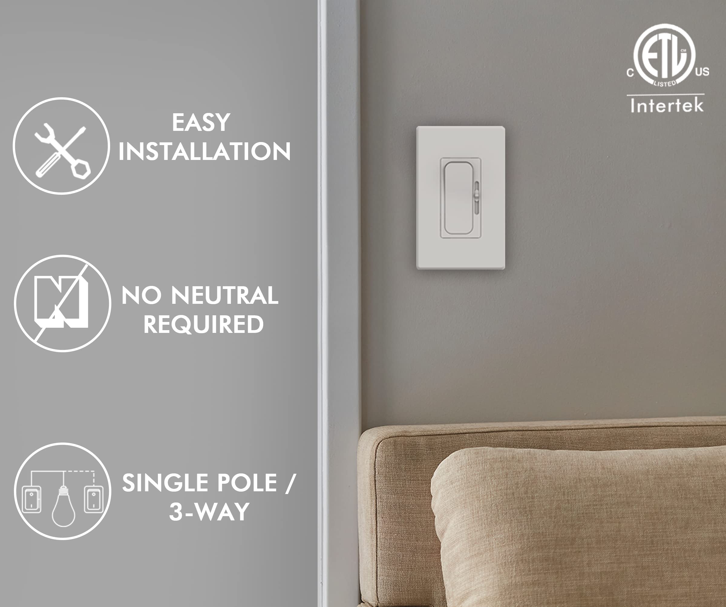 CLOUDY BAY LED Digital Dimmer Switch for LED Light/CFL/Incandescent,3 Way Single Pole Slide Dimmer Light Switch,Phrase Cut Dimming 600 Watt max,Cover Plate Included,White - Image 5