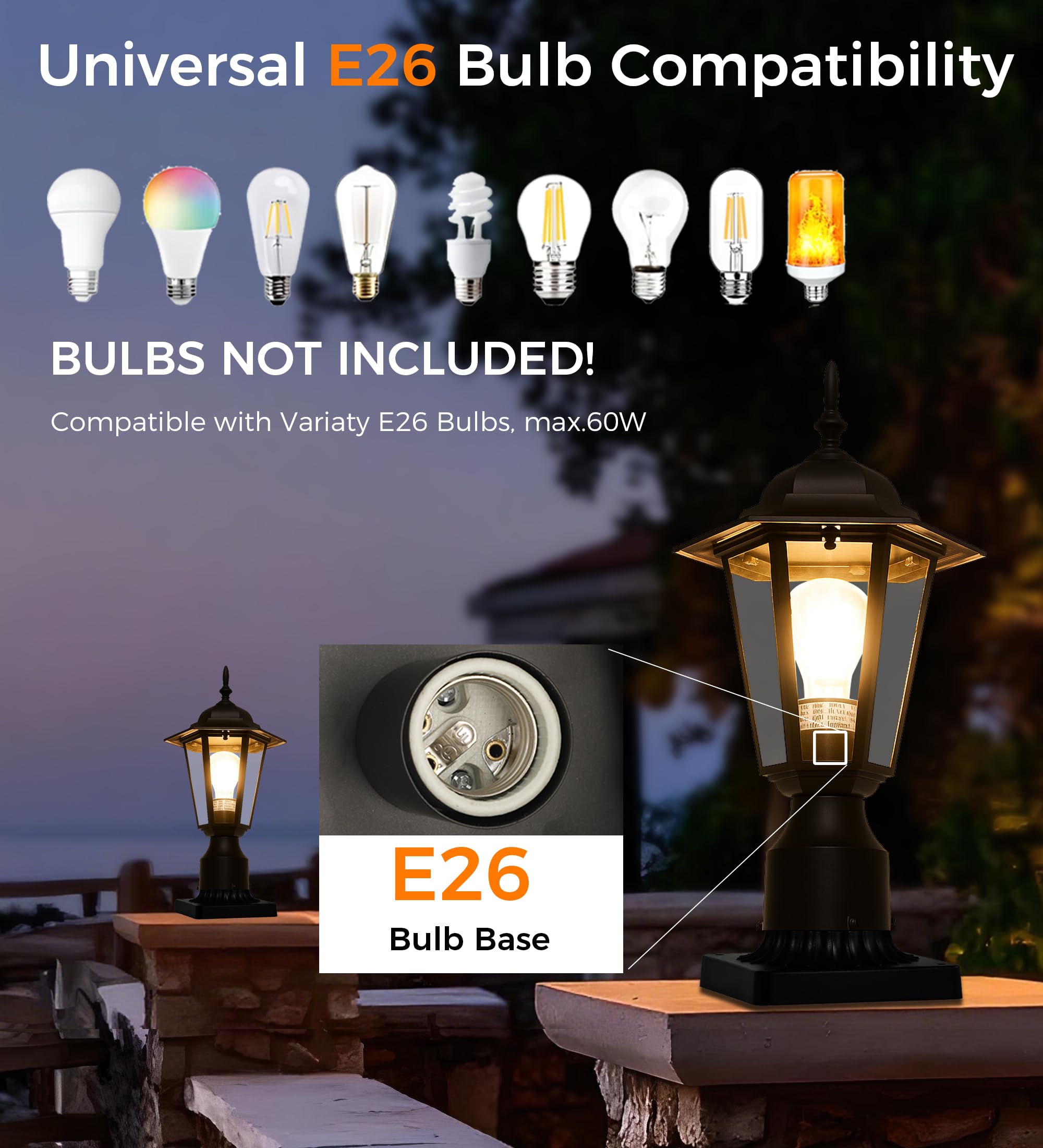 CLOUDY BAY Outdoor Post Light,Pole Lantern, Hardwired, Pier Mount Pole Mount, E26 Base 60W Max,Aluminum Housing Plus Glass,Wet Location Rated,Black - Image 3