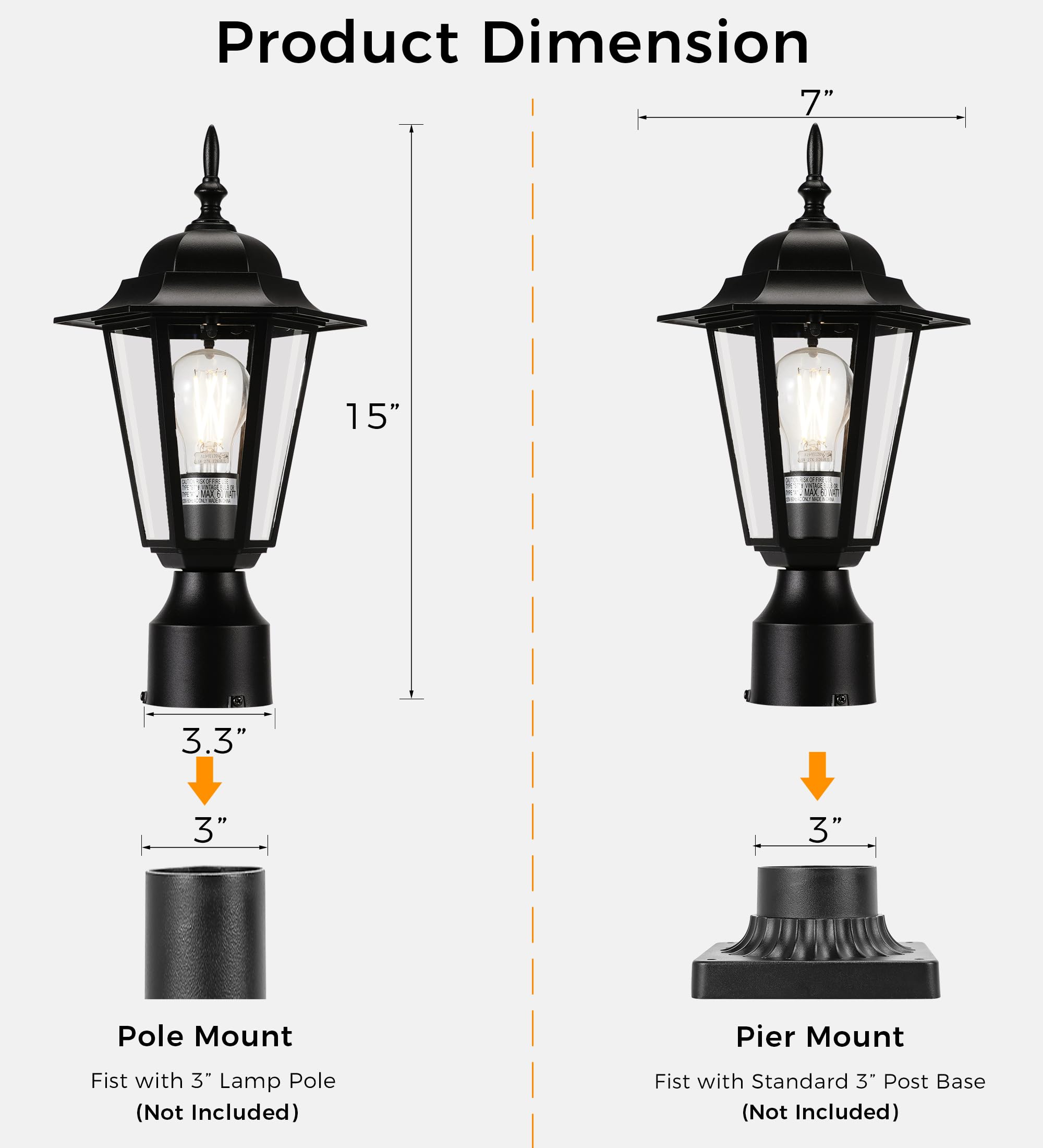 CLOUDY BAY Outdoor Post Light,Pole Lantern, Hardwired, Pier Mount Pole Mount, E26 Base 60W Max,Aluminum Housing Plus Glass,Wet Location Rated,Black - Image 6