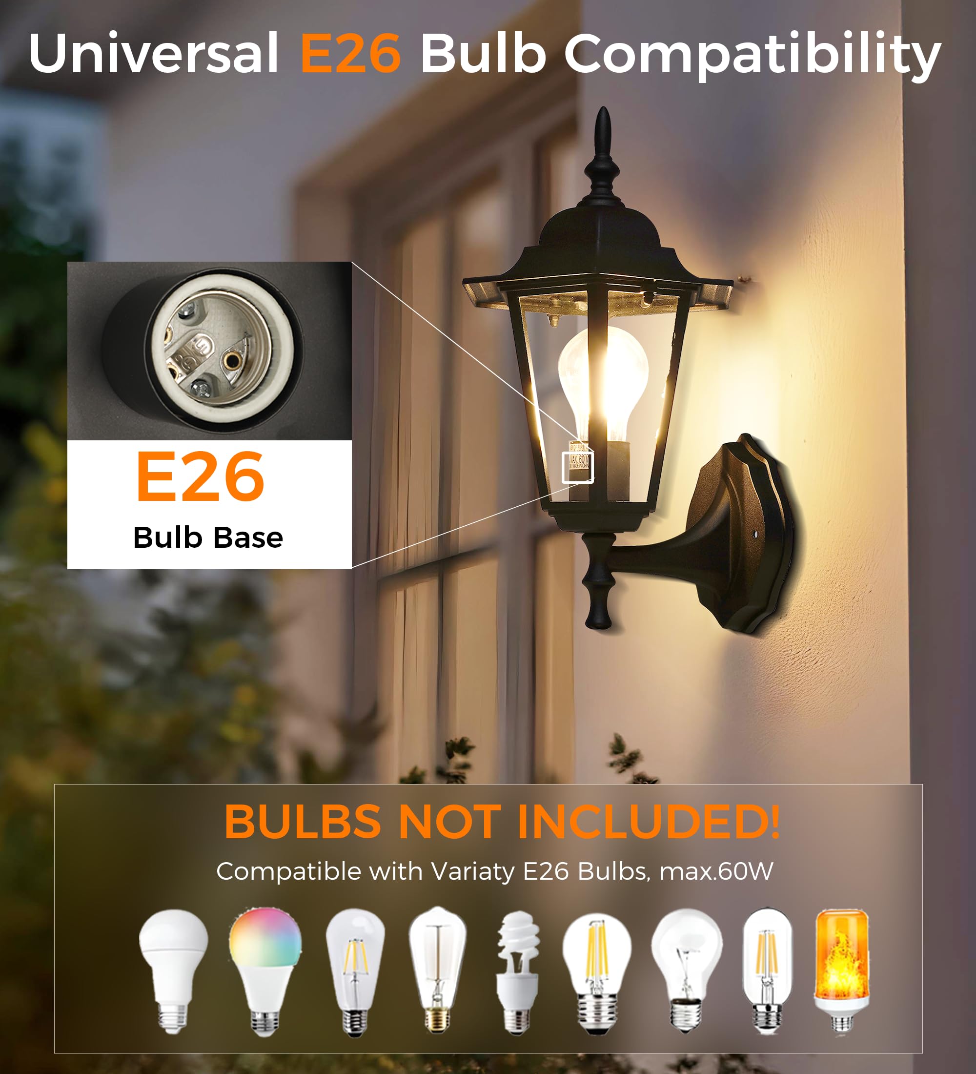 CLOUDY BAY Outdoor Wall Lantern,Black Wall Sconce for House Porch Lighting Fixture,E26 Base 60W Max,Metal Housing Plus Glass,Wet Location Rated,Black - Image 3