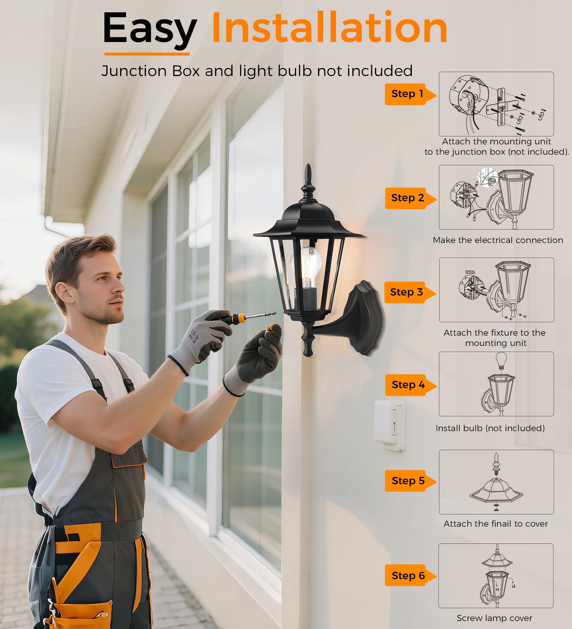 CLOUDY BAY Outdoor Wall Lantern,Black Wall Sconce for House Porch Lighting Fixture,E26 Base 60W Max,Metal Housing Plus Glass,Wet Location Rated,Black - Image 7