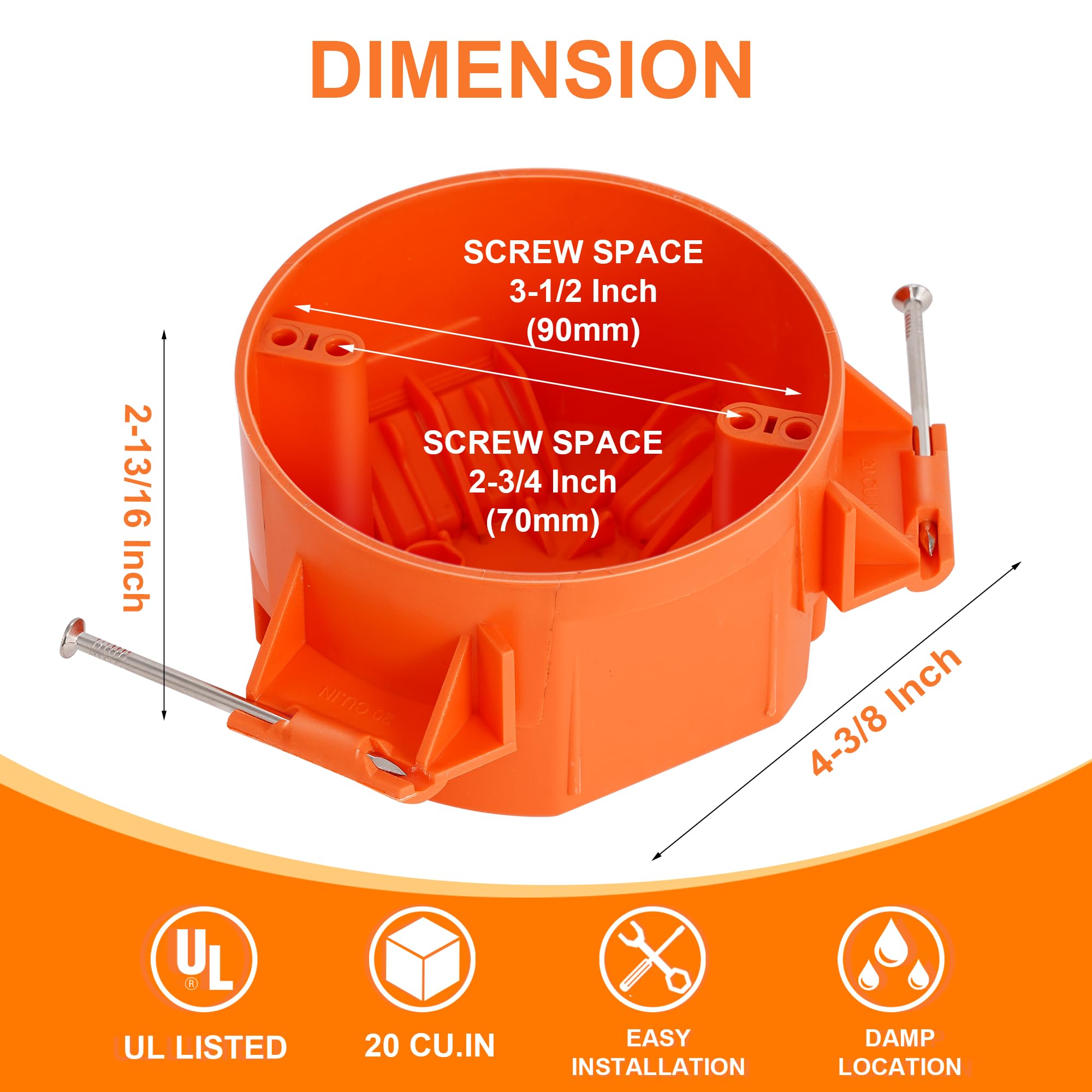 CLOUDY BAY Round Electrical Box,New Work Junction Box,Ceiling Box,20 Cubic Inches,PVC with Nails,3 Pack - Image 6