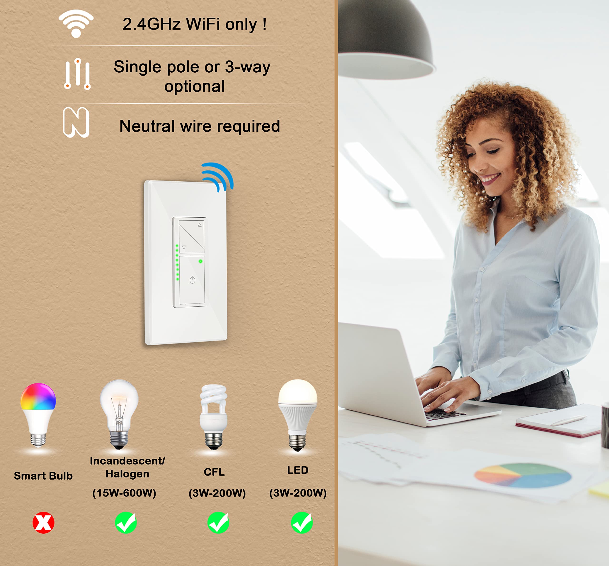 CLOUDY BAY Smart Dimmer Switch,Remote WiFi Light Switch,Compatible with Alexa and Google Home for Dimmable LED/CFL/Incandescent Bulbs, Neutral Wire Required, Single-Pole 3 Way,2 Pack - Image 3